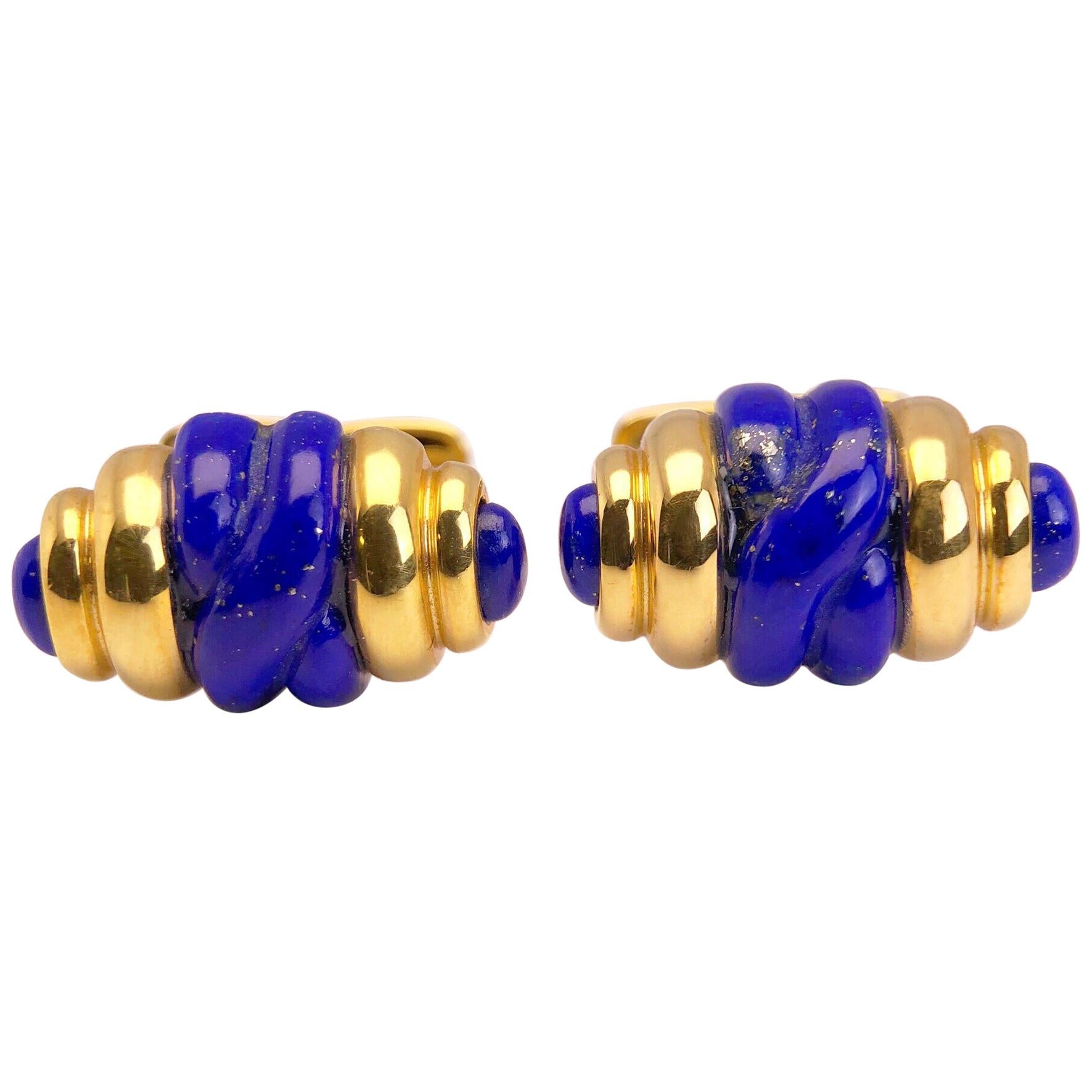 18 Karat Yellow Gold and Lapis Lazuli Barrel Shaped Cuff Links