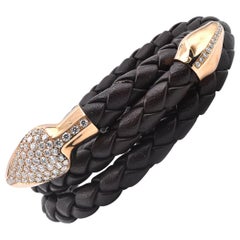 18 Karat Yellow Gold and Leather Diamond Snake Wrap Bracelet