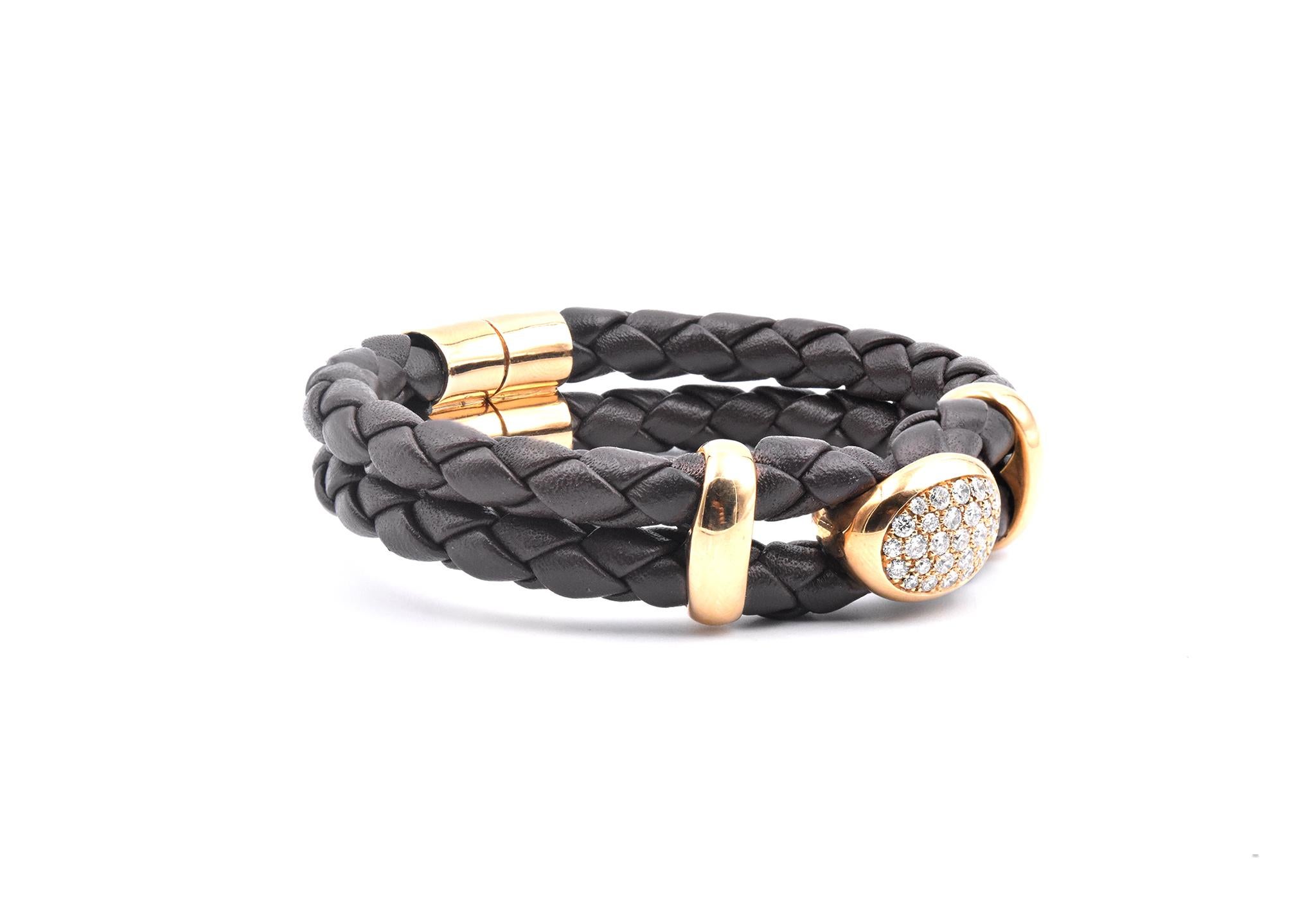 Material: 18K yellow gold / leather
Diamonds:  30 round cut = .90cttw
Color: G
Clarity: VS
Dimensions: bracelet will fit up to a 6.5-inch wrist
Weight: 32.02 grams