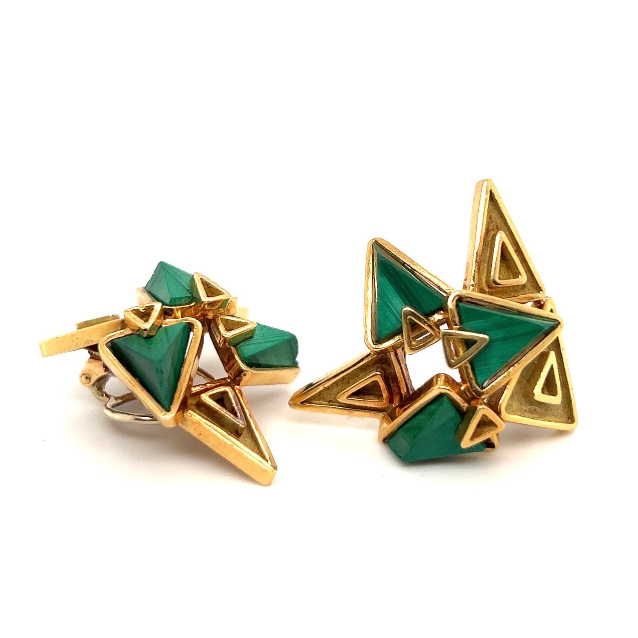 Trillion Cut 18 Karat Yellow Gold and Malachite Earrings by Chaumet, 1970s