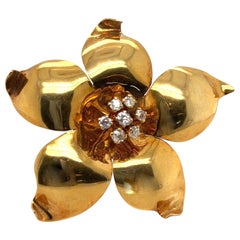 18 Karat Yellow Gold and Old Cut Diamonds Retro Flower Brooch, 1940s