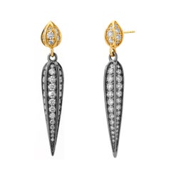 18 Karat Yellow Gold and Oxidized Silver Leaf Earrings with Diamonds