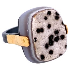 18 Karat Yellow Gold and Oxidized Sterling Silver Speckled Druzy Quartz Ring