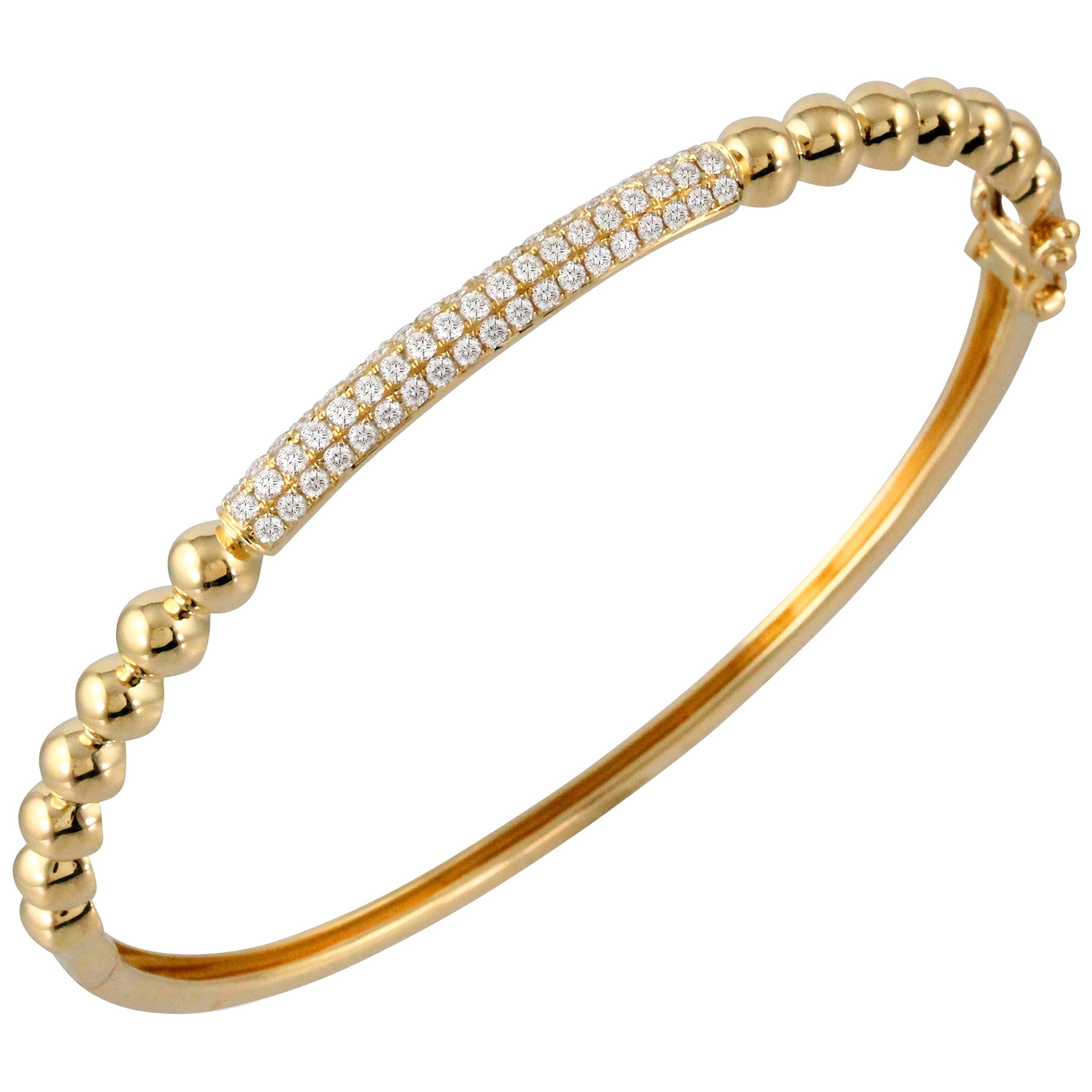 18 Karat Yellow Gold and Pave Diamond Cuff Bangle Stackable Bracelet 0.68 Carat For Sale