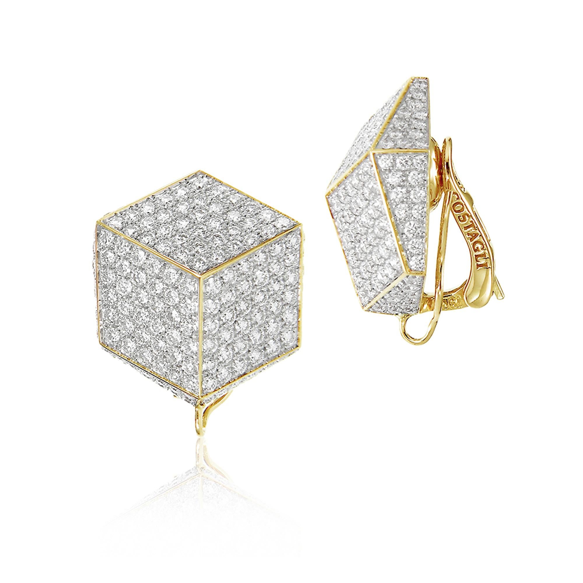 Contemporary Paolo Costagli 18 Karat Yellow Gold and Pave Diamonds Brillante Clip Earrings