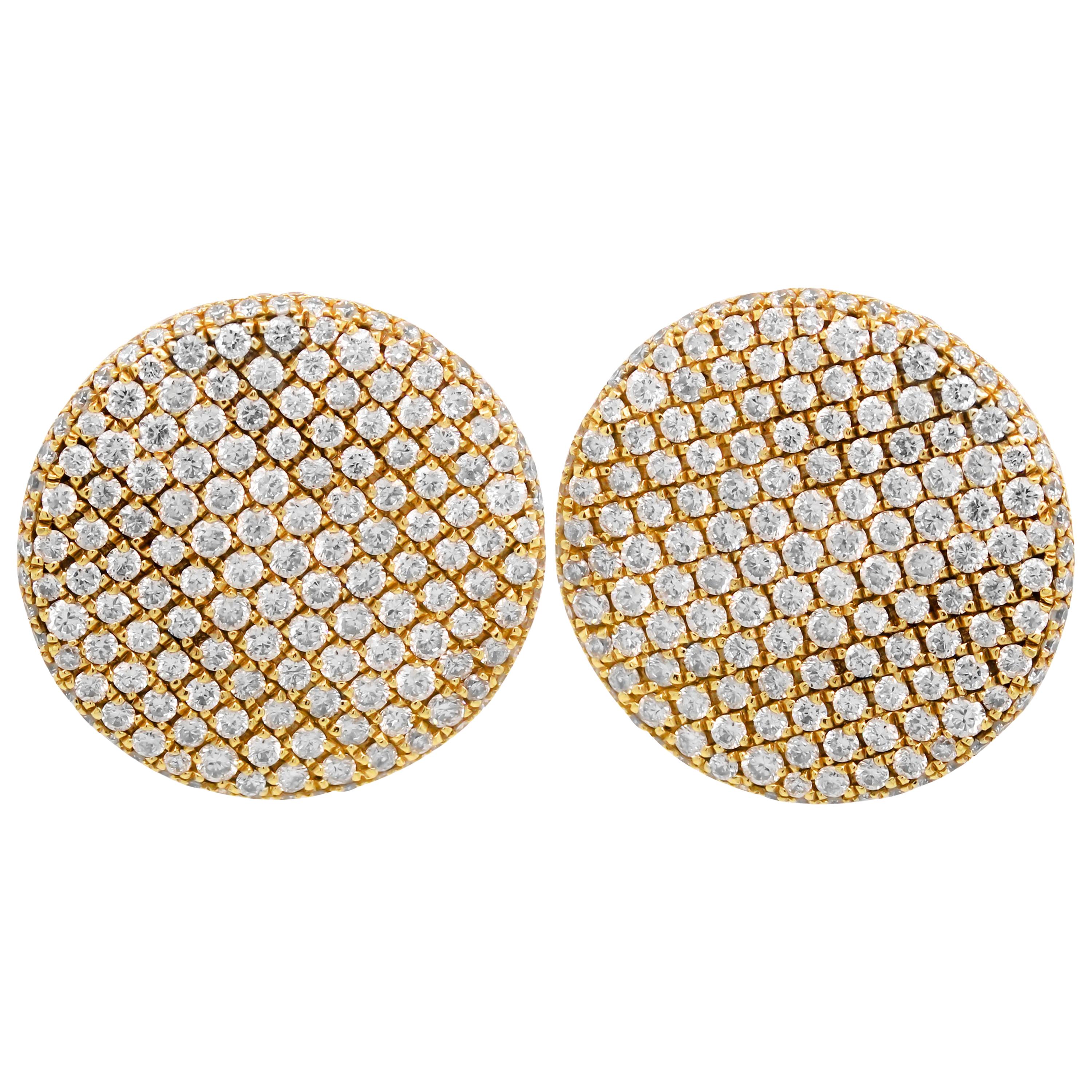 18 Karat Yellow Gold and Pave Set Diamond Circle Disk Stud Earrings For Sale