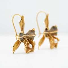 Antique 18 Karat Yellow Gold and Pearl Orchid Earriings