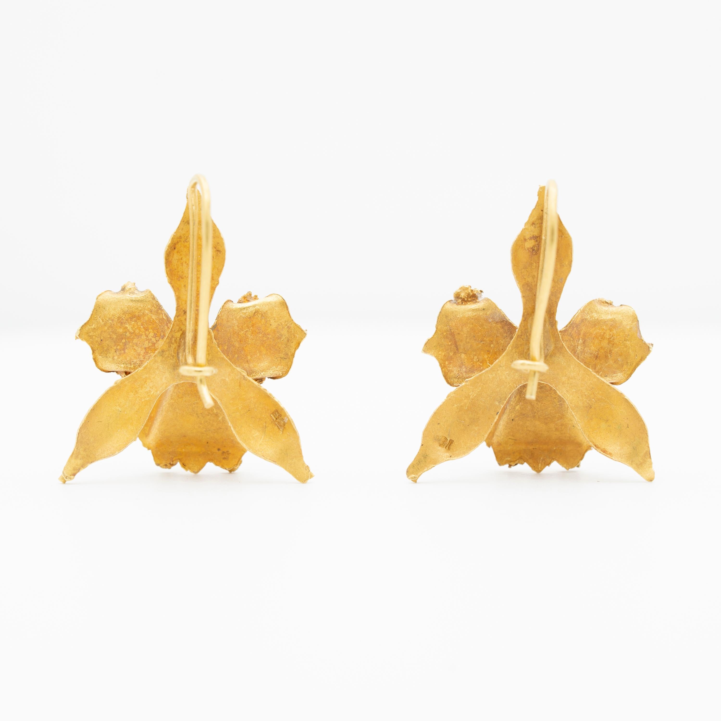 Round Cut Antique 18 Karat Yellow Gold and Pearl Orchid Earriings For Sale