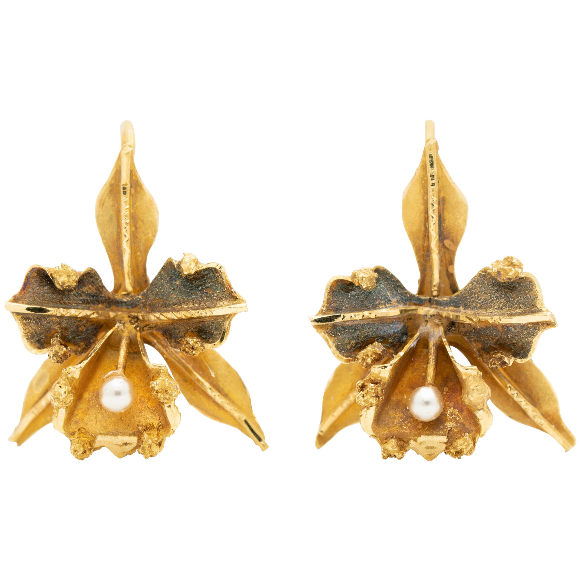 Antique 18 Karat Yellow Gold and Pearl Orchid Earriings For Sale