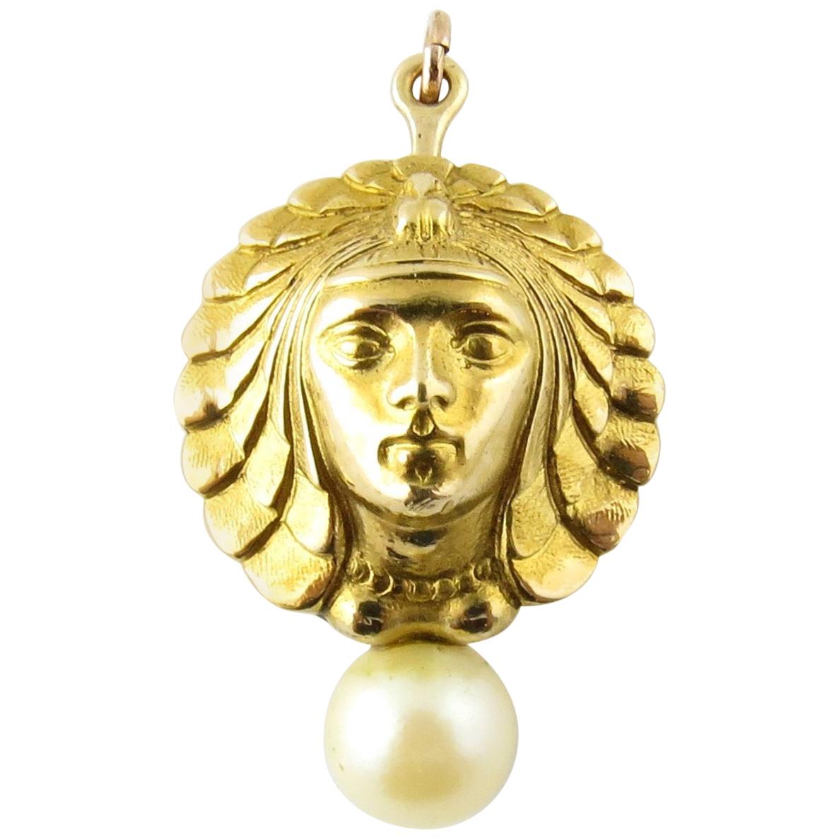 18 Karat Yellow Gold and Pearl Goddess Pendant or Brooch