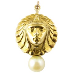 18 Karat Yellow Gold and Pearl Goddess Pendant or Brooch