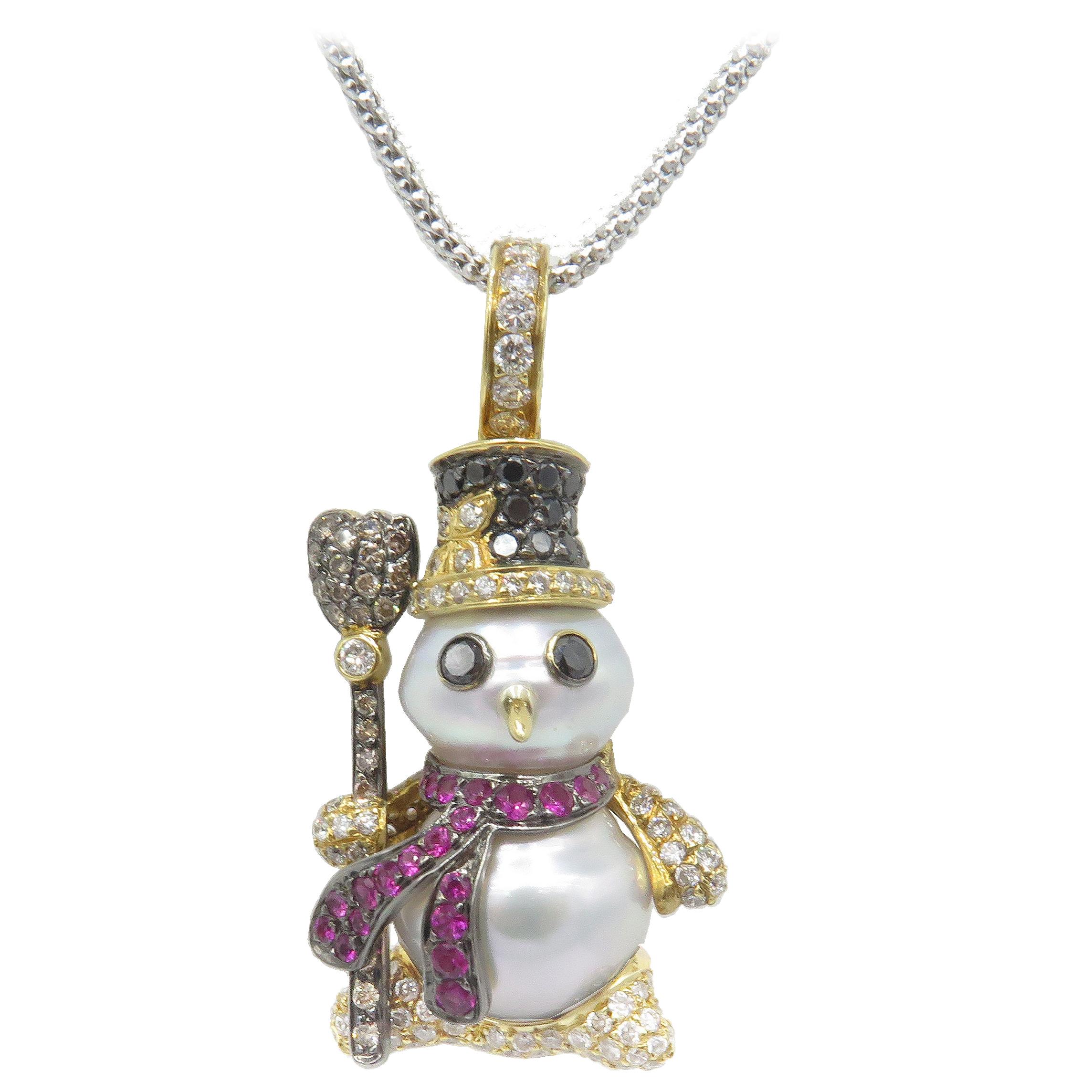 18 Karat Yellow Gold and Pearl Snowman with Diamonds