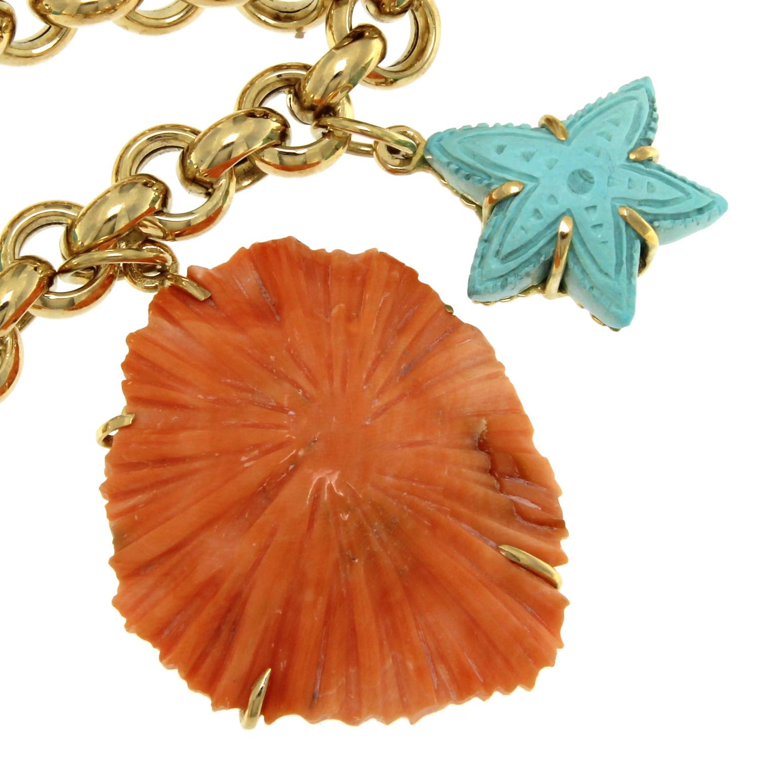 18 Karat Yellow Gold and Pink Coral and Turquoise Necklace In New Condition For Sale In Milano, Lombardia