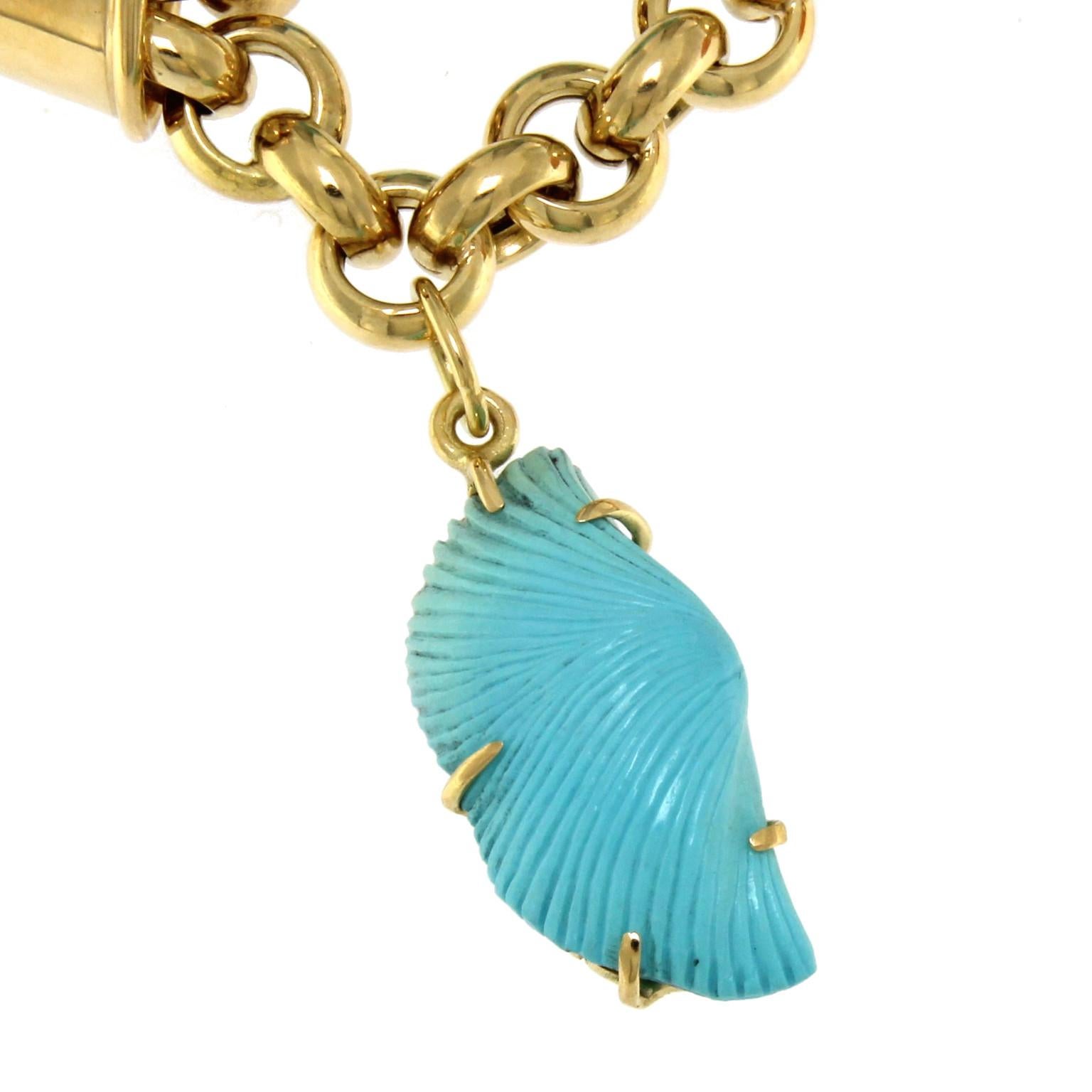 18 Karat Yellow Gold and Pink Coral and Turquoise Necklace For Sale 2