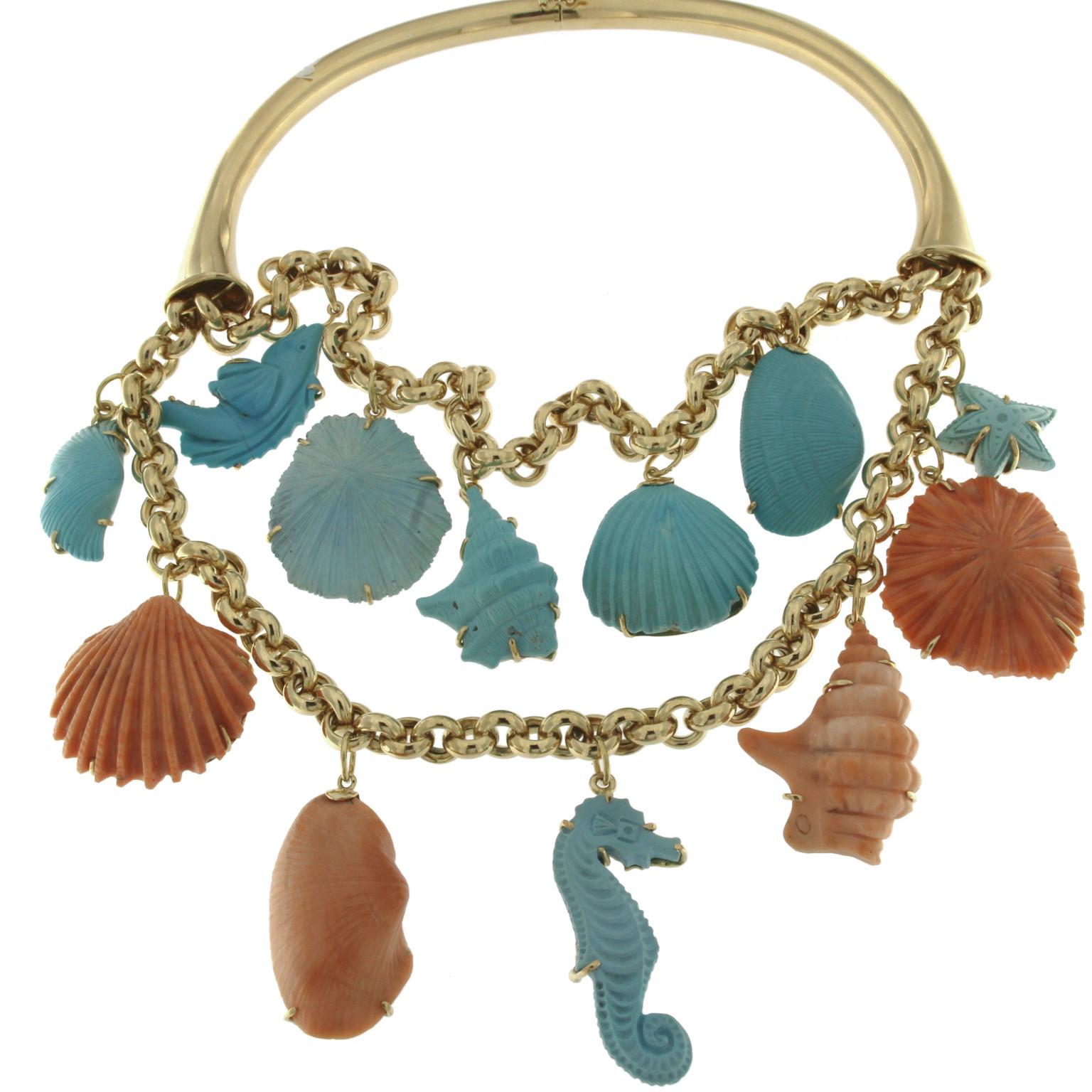Halskette aus 18 Karat Gelbgold und rosa Korallen und Türkis