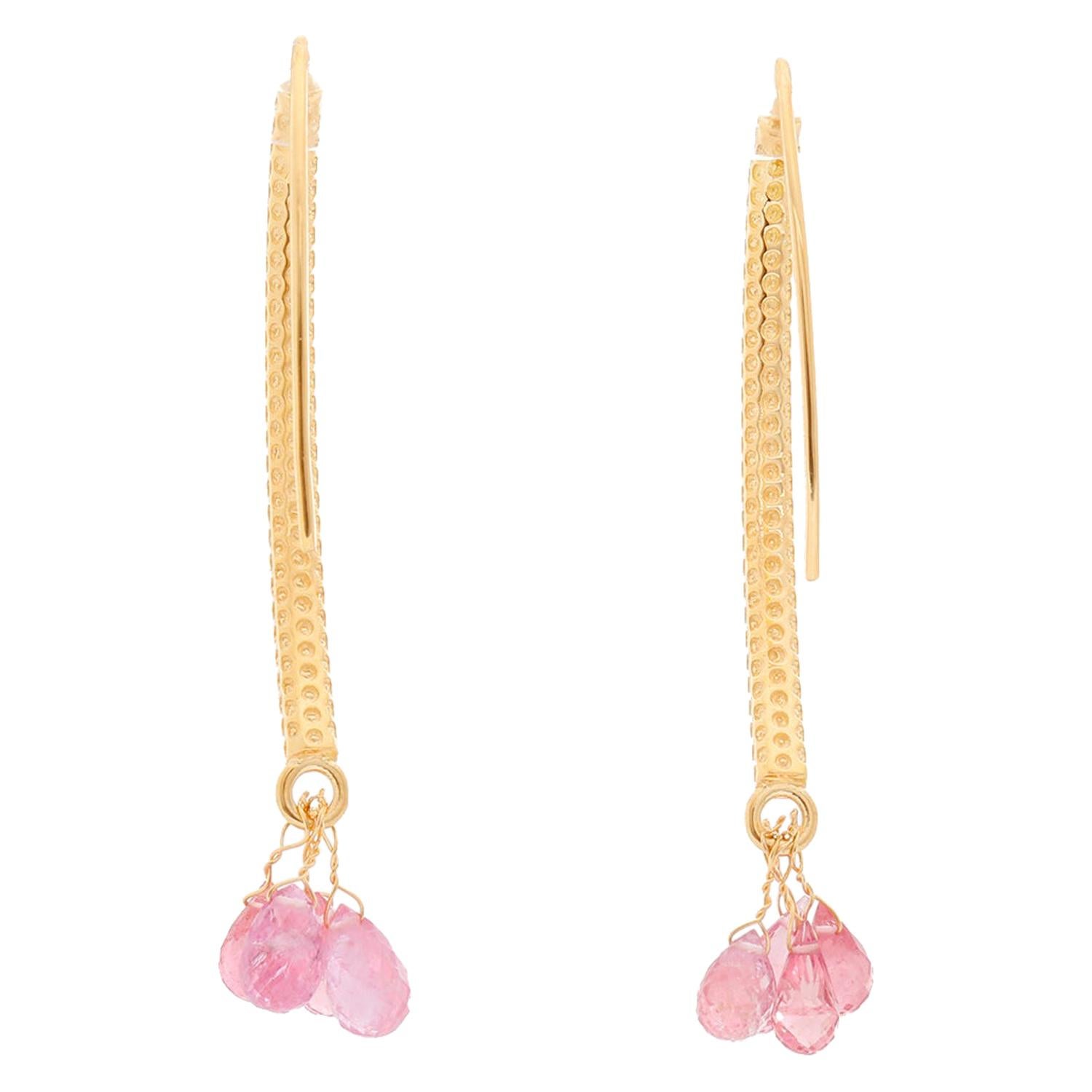 18 Karat Yellow Gold and Pink Sapphire Briolette Earrings For Sale