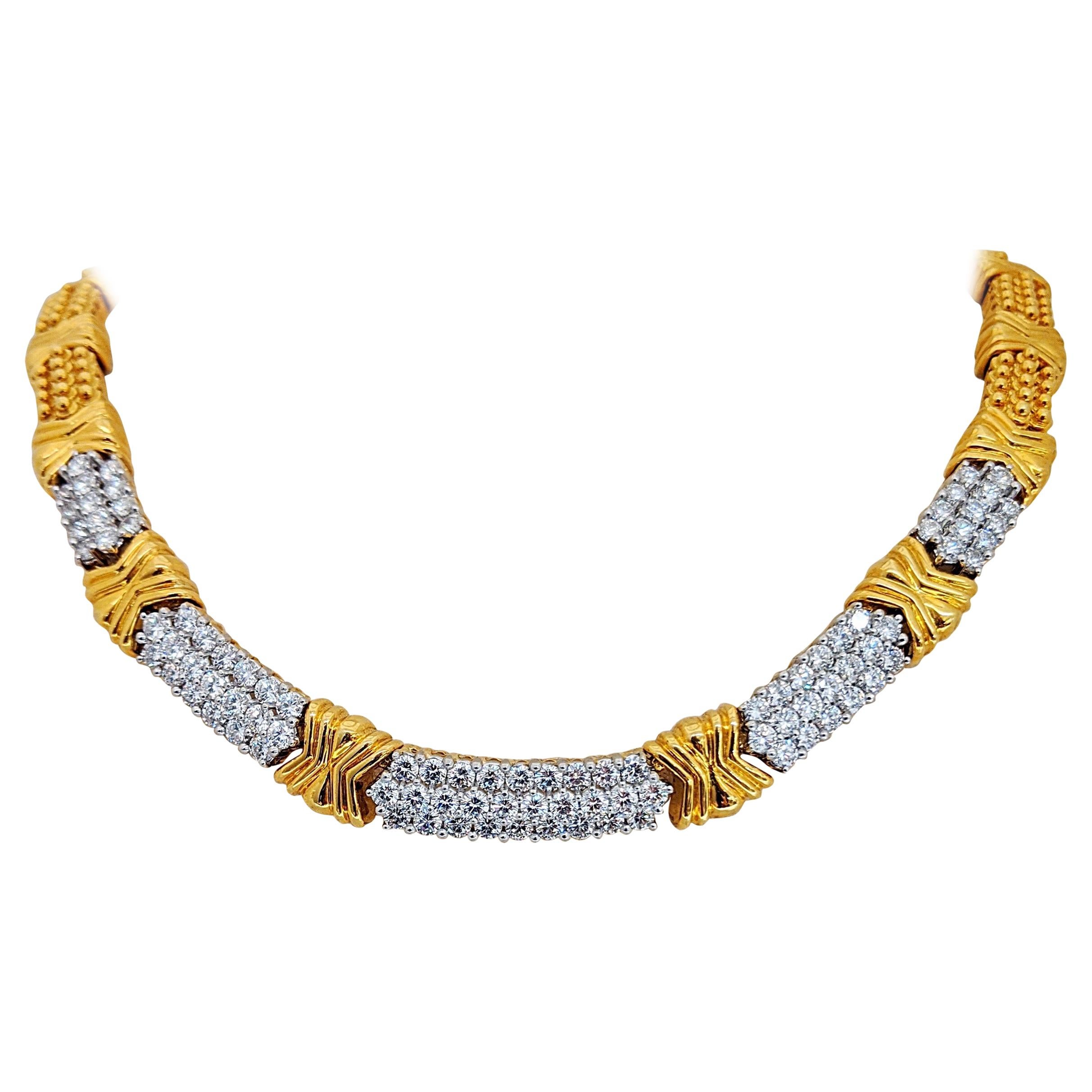 18 Karat Yellow Gold and Platinum 8.28 Carat Diamond Necklace For Sale