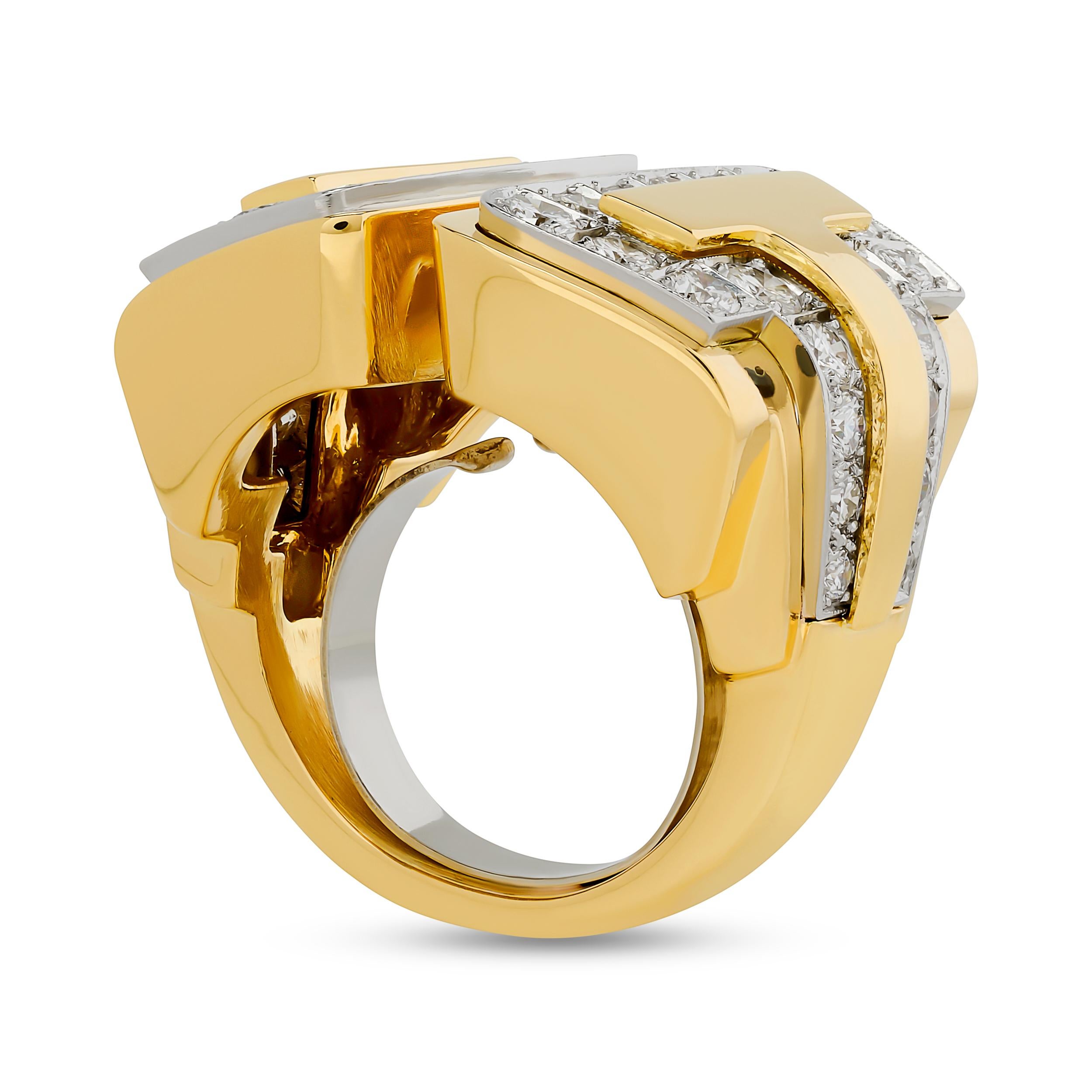 Bague en or jaune 18 carats et platine avec diamant géométrique et audacieux sur la tige fendue Excellent état - En vente à Philadelphia, PA