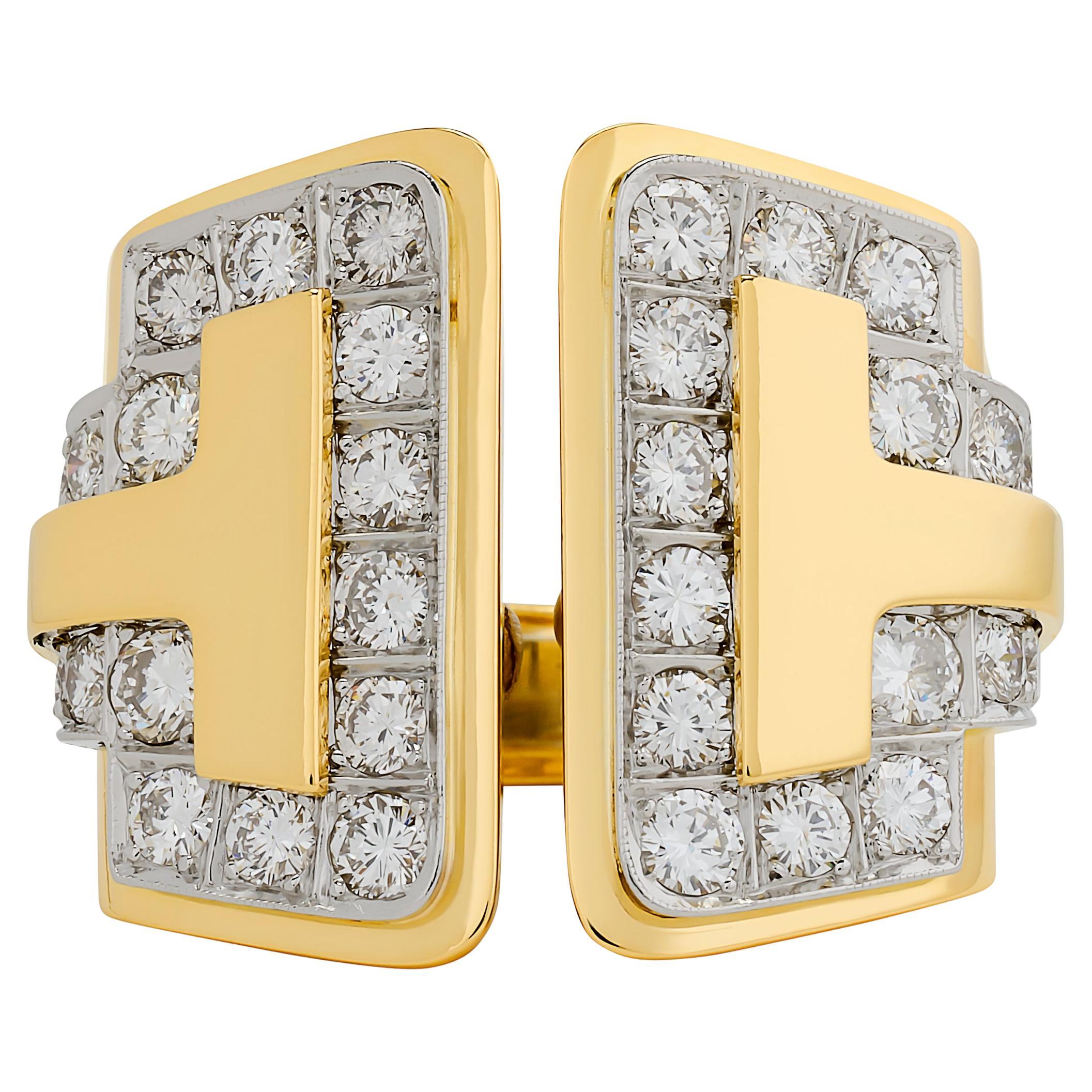 Bague en or jaune 18 carats et platine avec diamant géométrique et audacieux sur la tige fendue