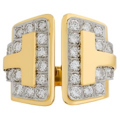 Bague en or jaune 18 carats et platine avec diamant géométrique et audacieux sur la tige fendue