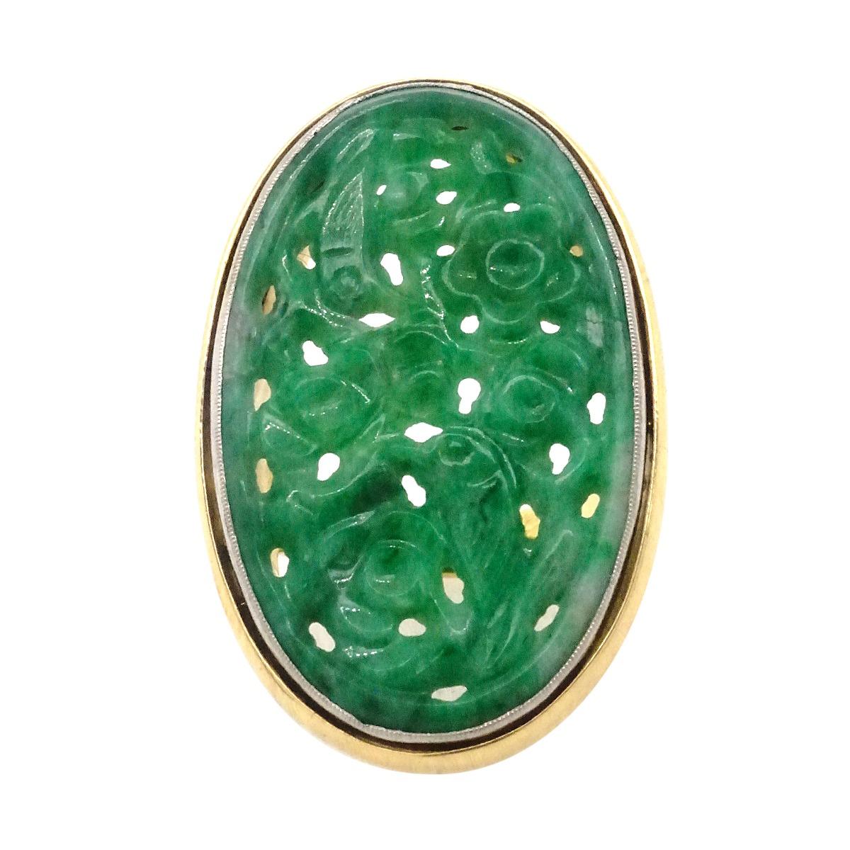 18 Karat Yellow Gold and Platinum Carved Jade Antique Ring For Sale
