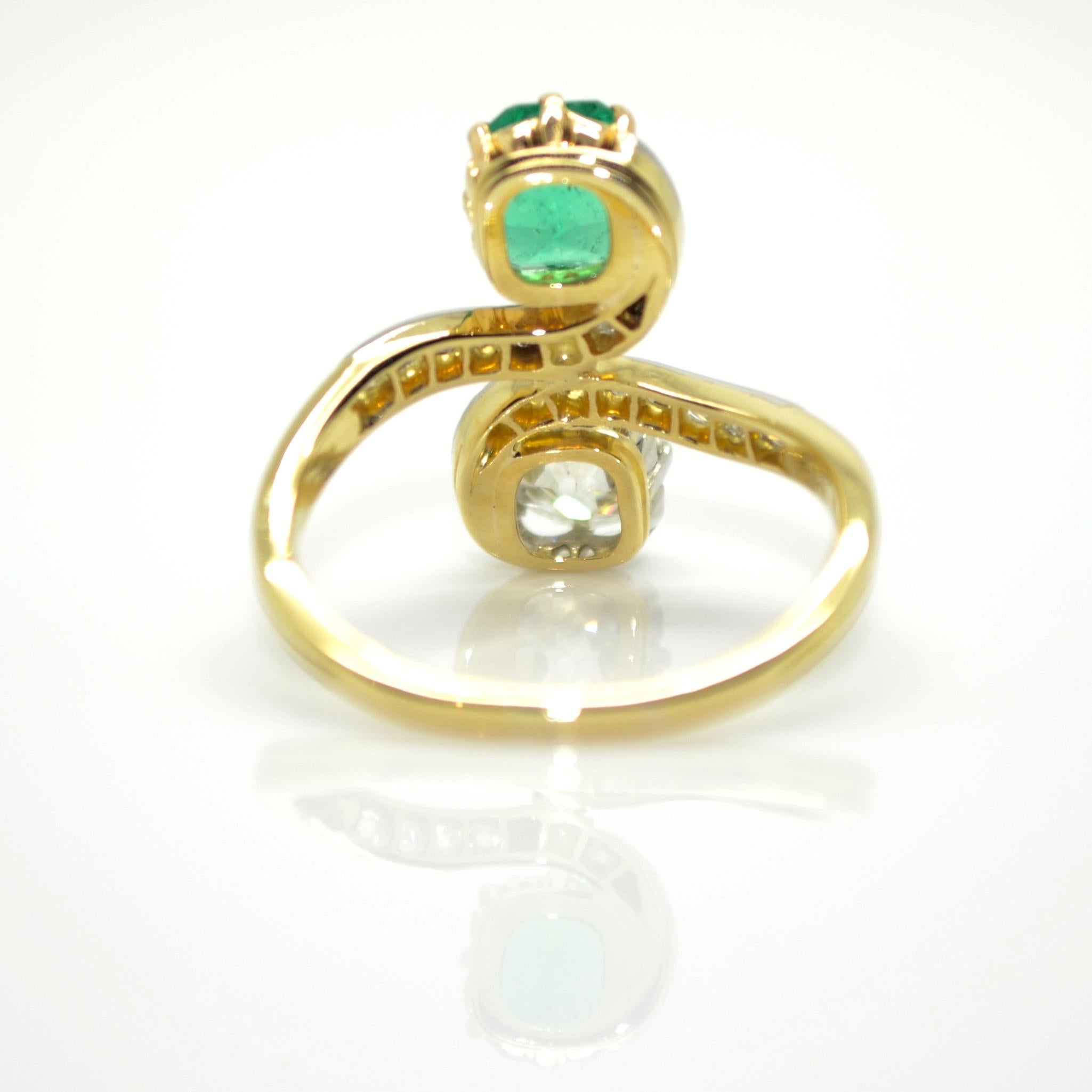 Art Nouveau 18 Karat Yellow Gold and Platinum Diamond and Emerald French Antique Ring For Sale