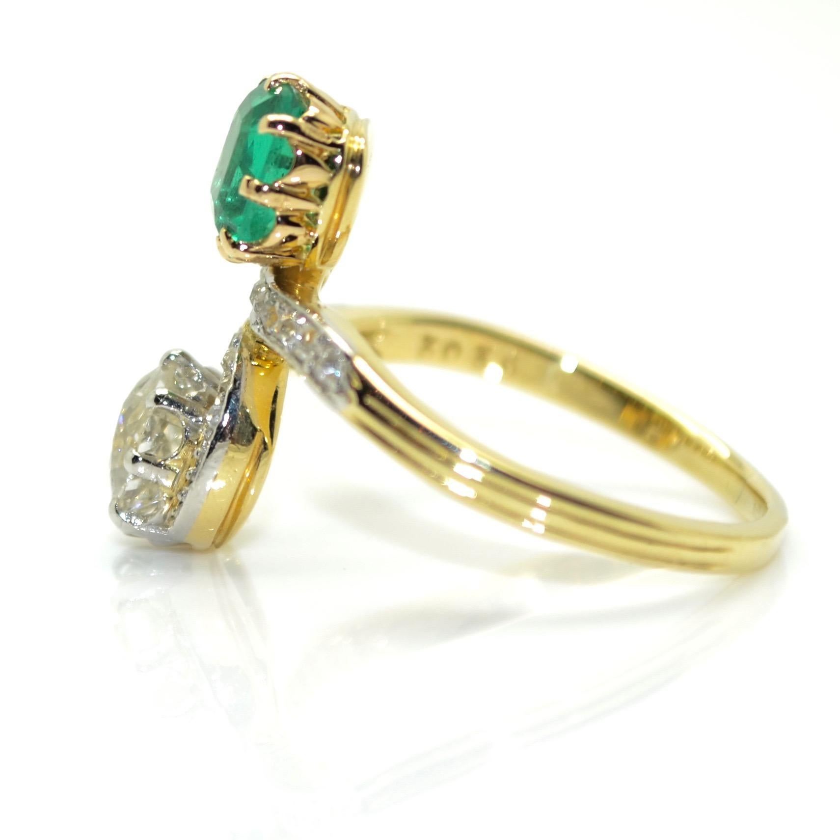 Old European Cut 18 Karat Yellow Gold and Platinum Diamond and Emerald French Antique Ring For Sale