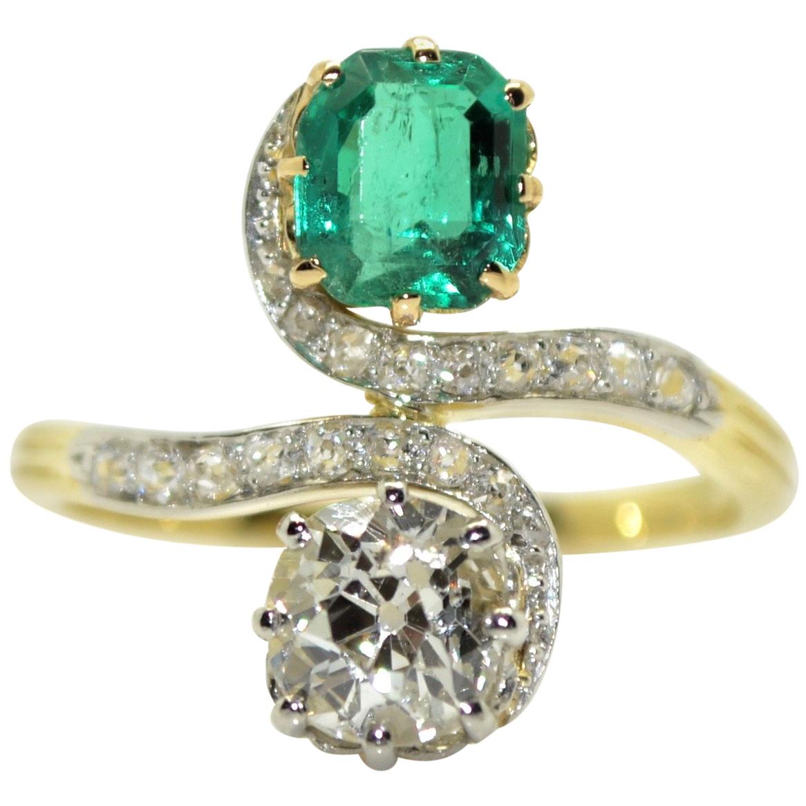 18 Karat Yellow Gold and Platinum Diamond and Emerald French Antique Ring For Sale