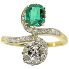 18 Karat Yellow Gold and Platinum Diamond and Emerald French Antique Ring