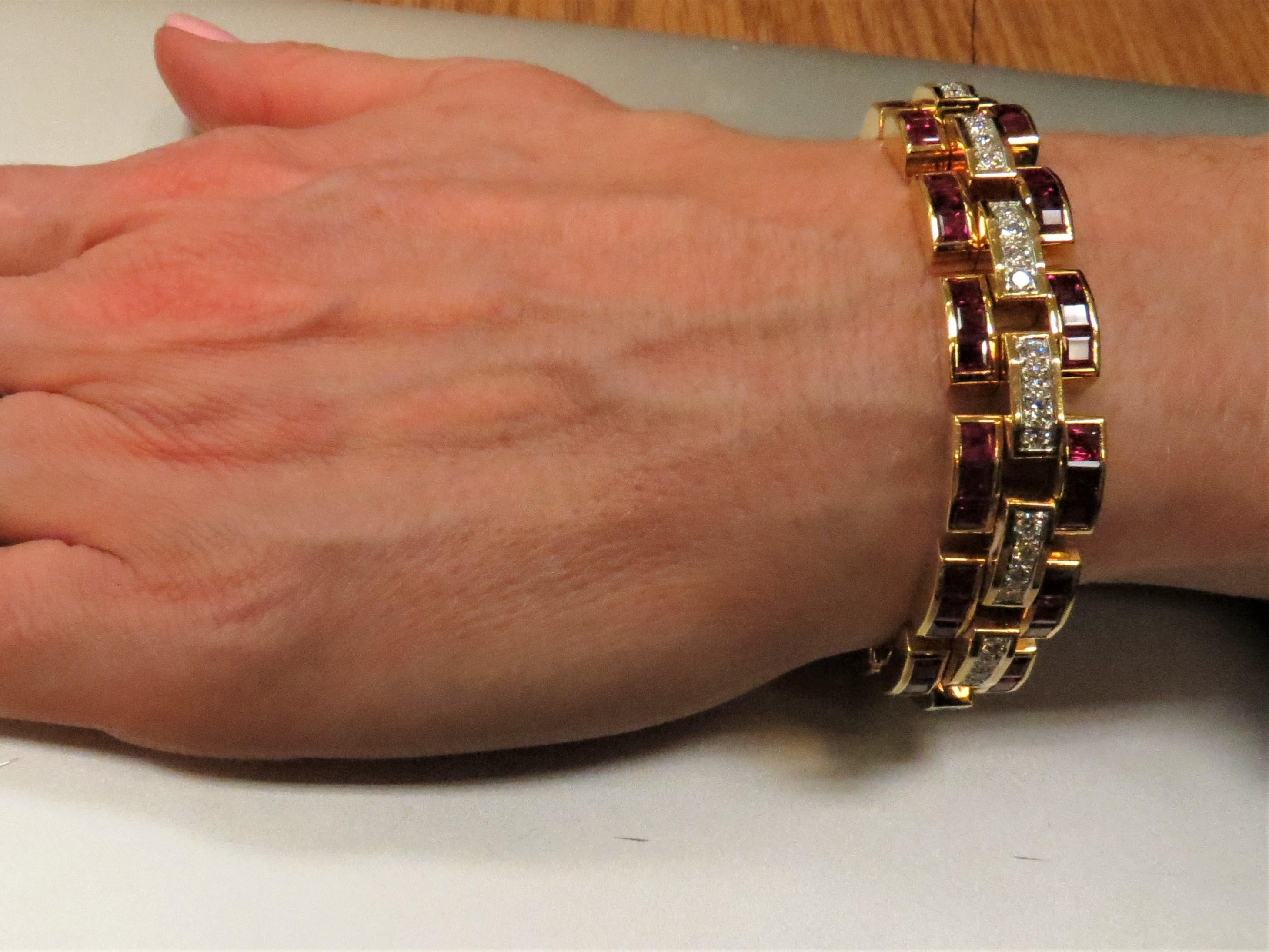 Contemporary 18 Karat Yellow Gold and Platinum Diamond and Ruby Bracelet