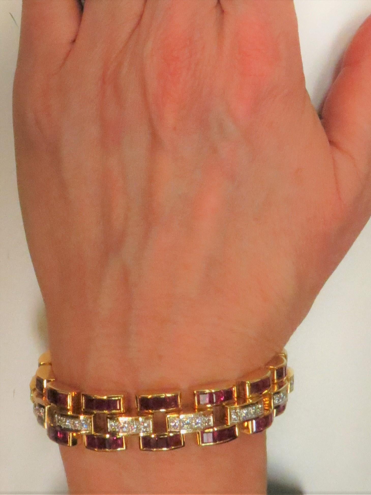 Round Cut 18 Karat Yellow Gold and Platinum Diamond and Ruby Bracelet