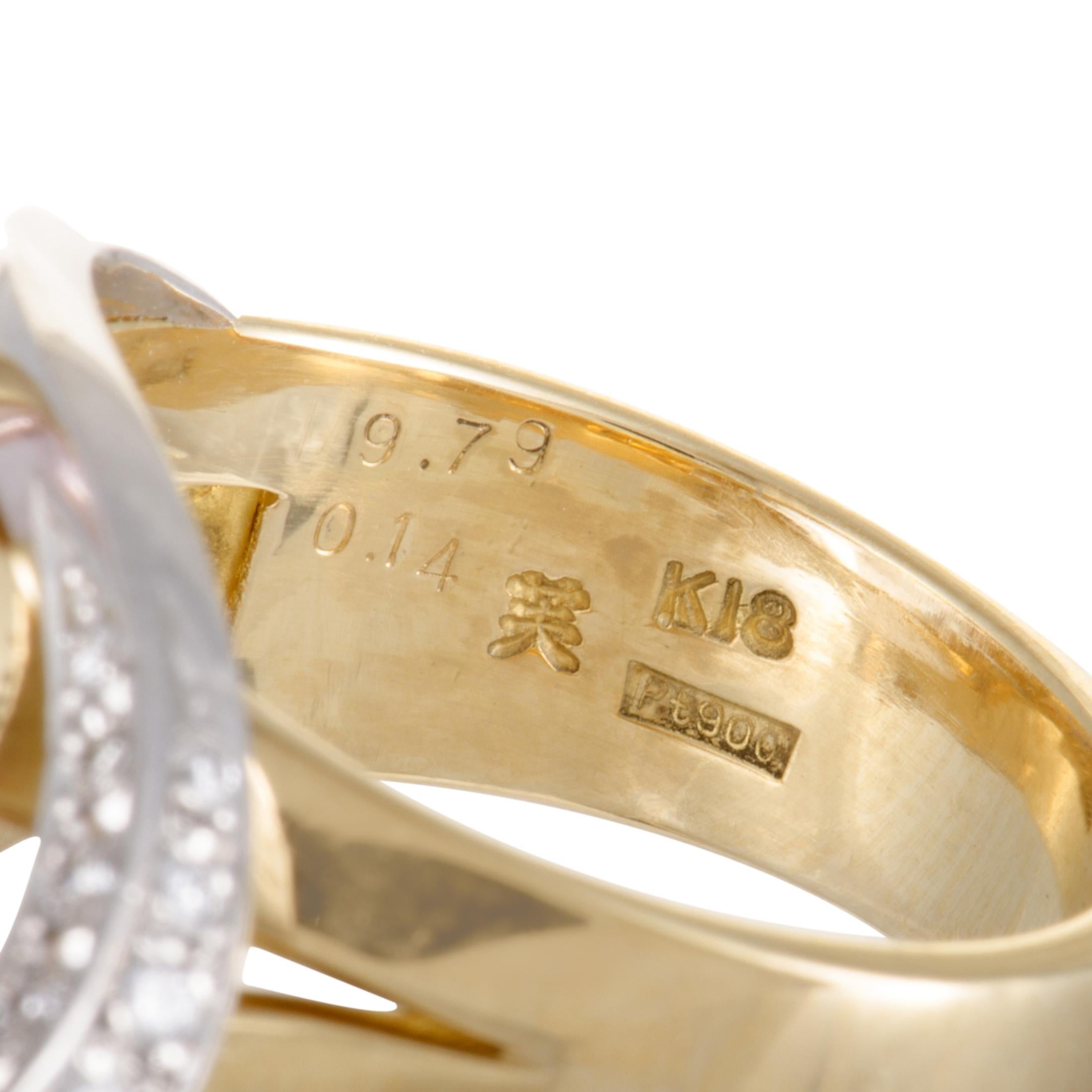 Women's 18 Karat Yellow Gold and Platinum Diamond Calf's Head-Cut Kunzite Ring