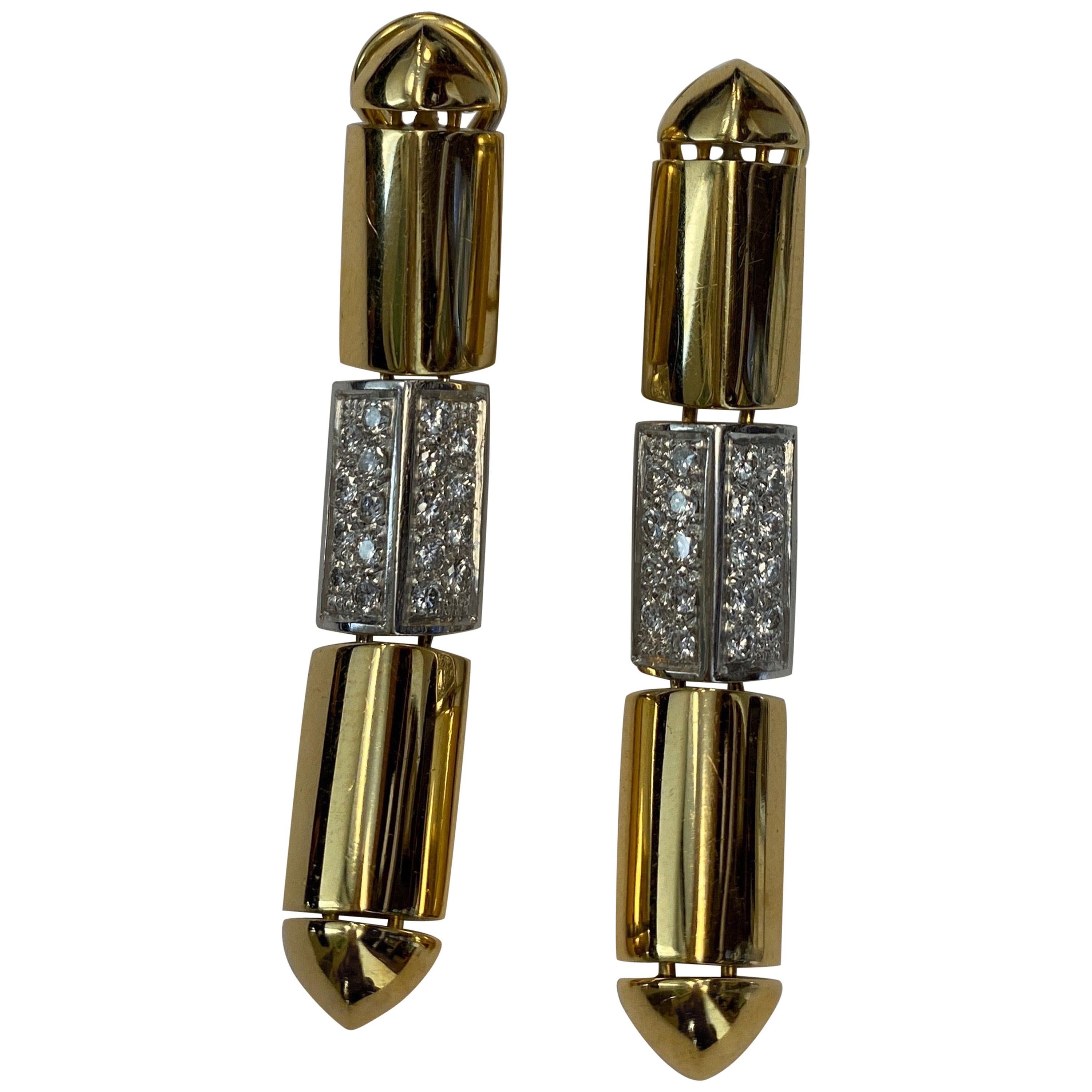18 Karat Yellow Gold and Platinum Diamond Drop Earrings by Antonini For Sale