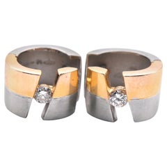 18 Karat Yellow Gold and Platinum Diamond Huggie Earrings Signed “Selene”