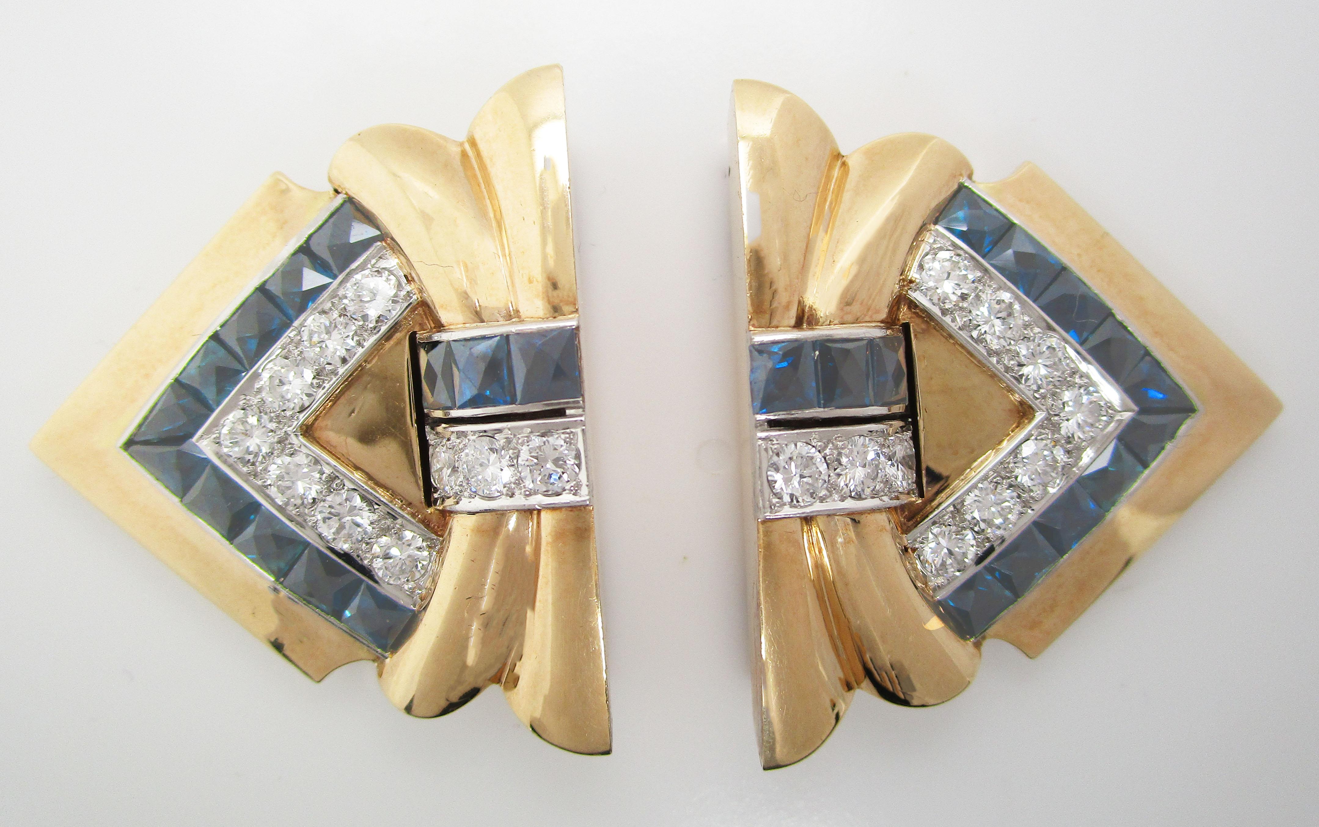 18 Karat Yellow Gold and Platinum Diamond Sapphire Clip Pin In Excellent Condition In Lexington, KY