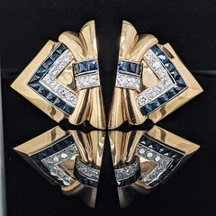 18 Karat Yellow Gold and Platinum Diamond Sapphire Clip Pin