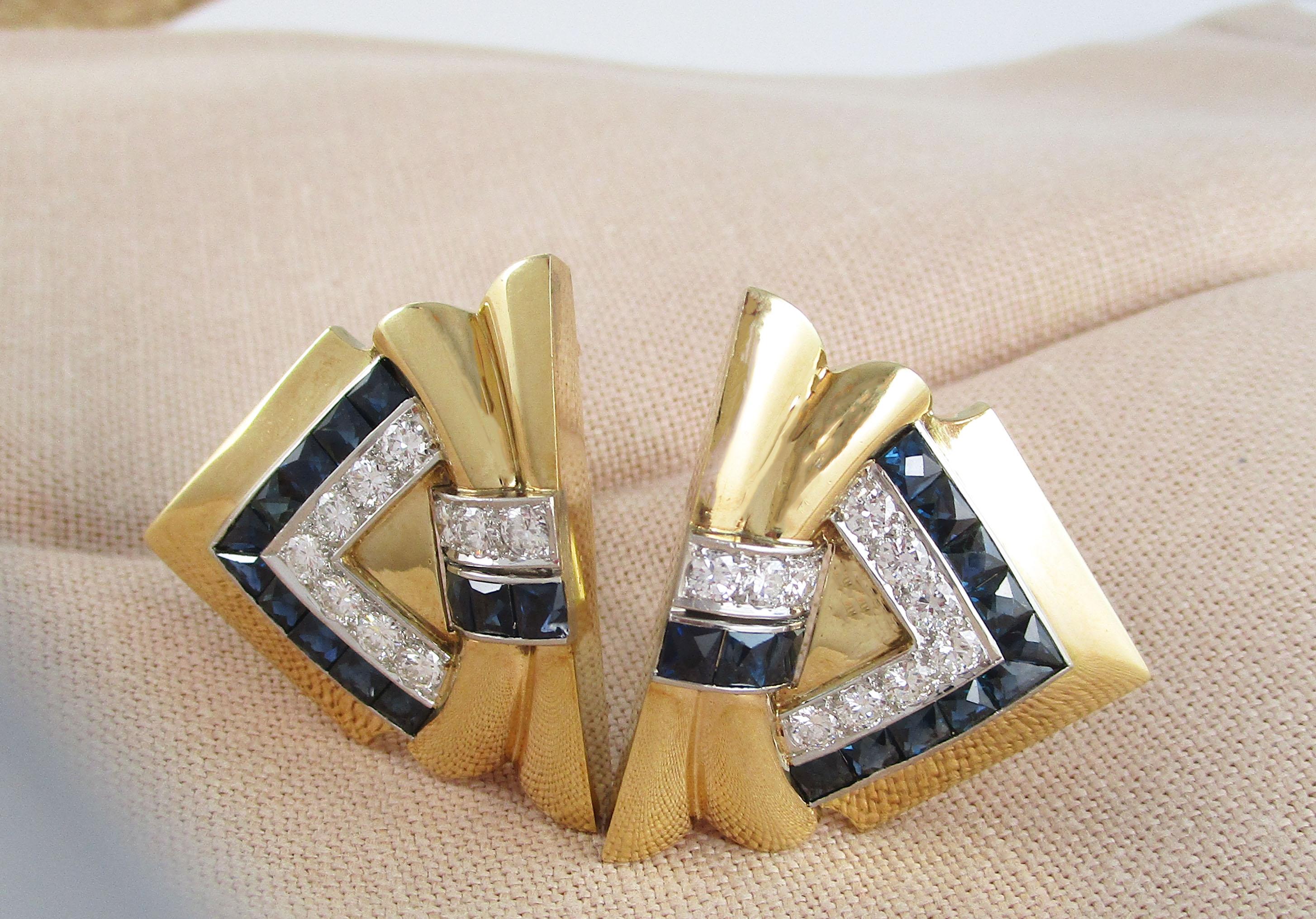 Women's or Men's 18 Karat Yellow Gold and Platinum Diamond Sapphire Clip Pin