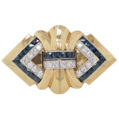 18 Karat Yellow Gold and Platinum Diamond Sapphire Clip Pin