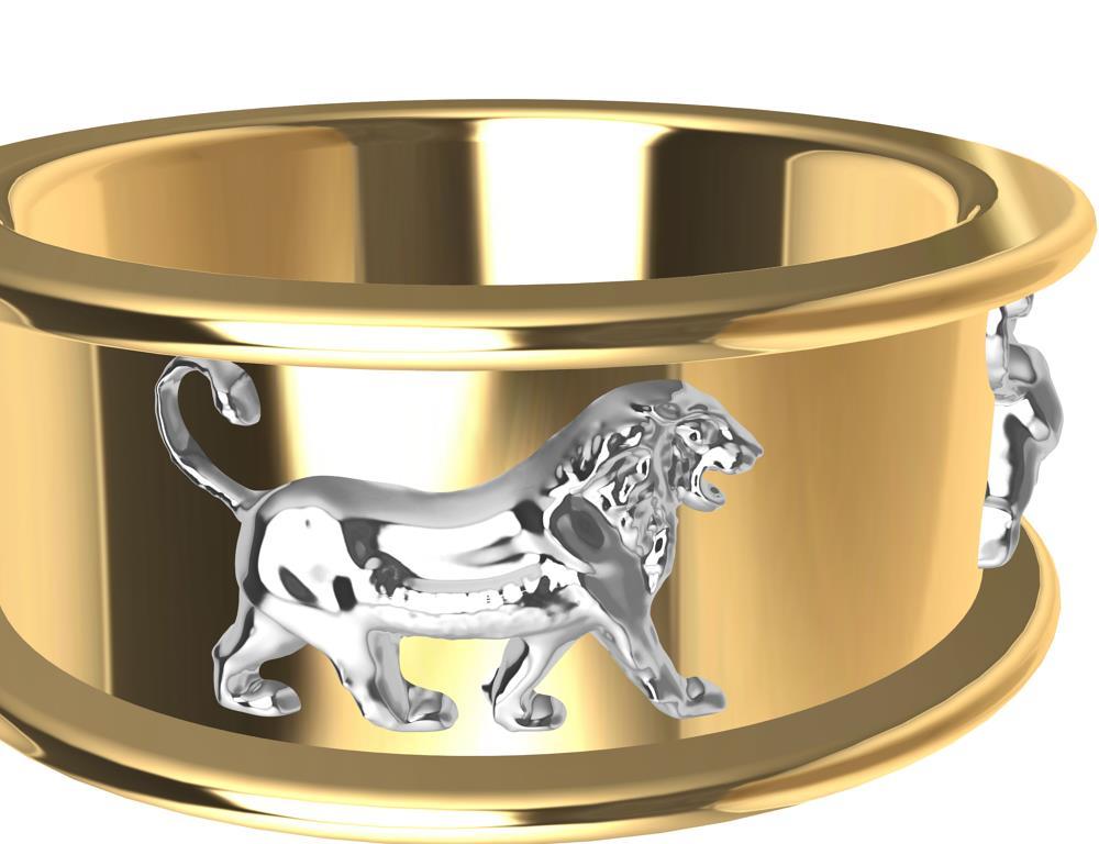 En vente :  Bague lion Persépolis en or jaune 18 carats et platine 9