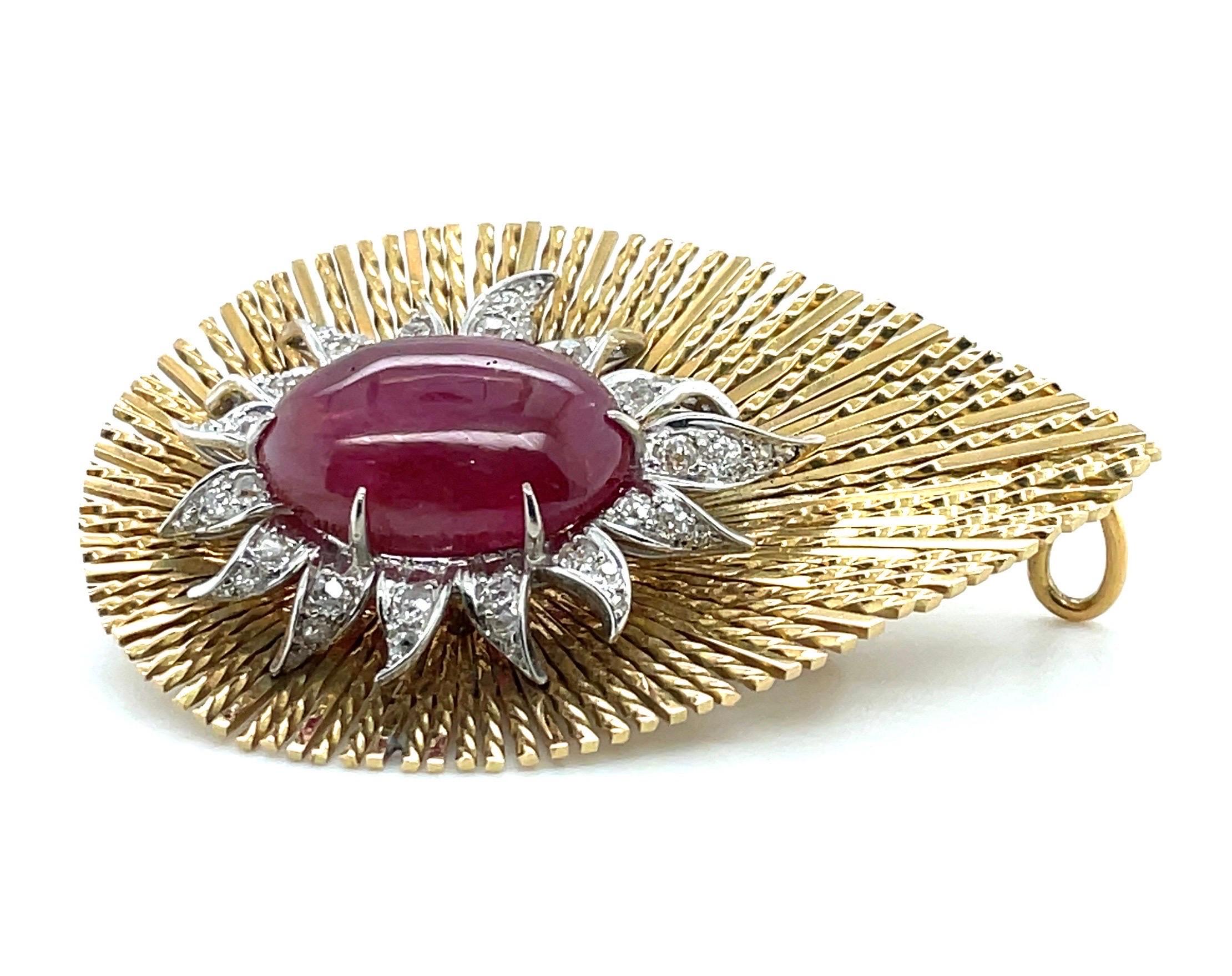 Cabochon 18 Karat Yellow Gold and Platinum Ruby and Diamond Brooch by Sterlé Paris For Sale