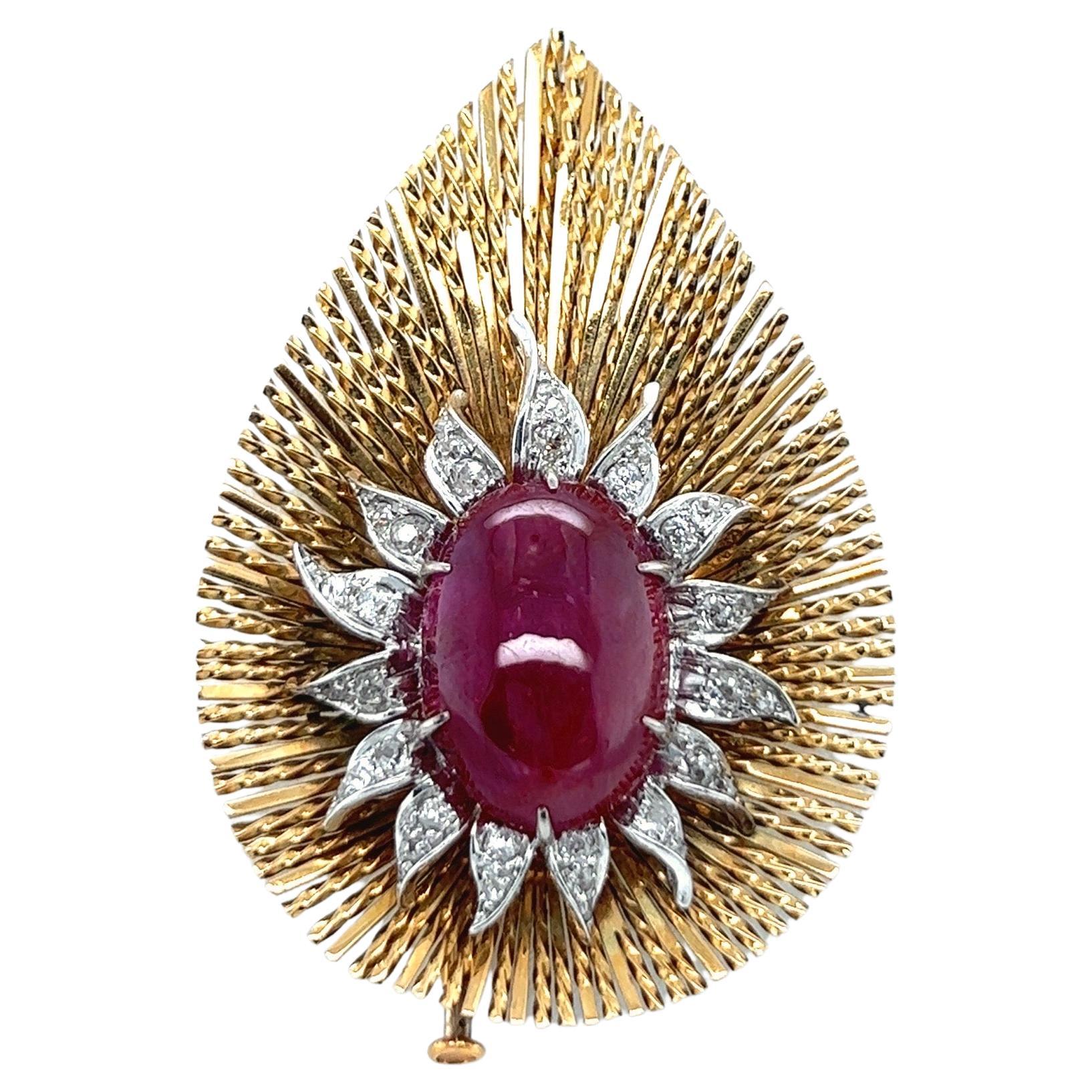 18 Karat Yellow Gold and Platinum Ruby and Diamond Brooch by Sterlé Paris For Sale