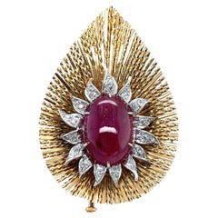 18 Karat Yellow Gold and Platinum Ruby and Diamond Brooch by Sterlé Paris