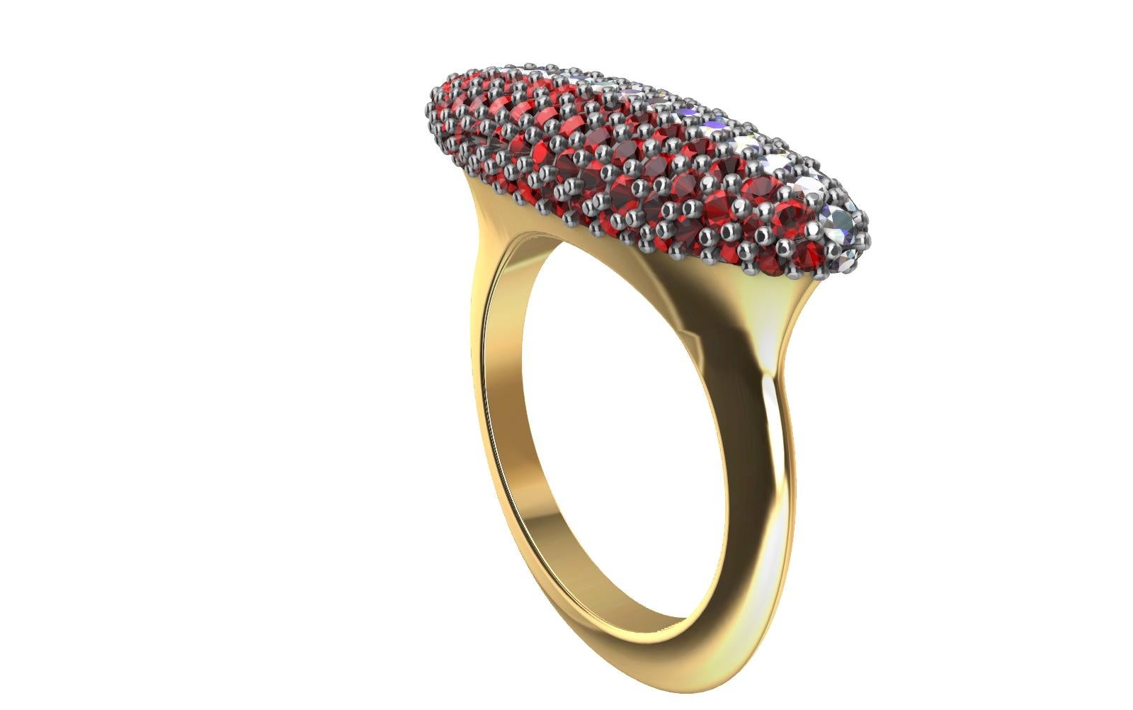 For Sale:  18 Karat Yellow Gold and Platinum Ruby and Diamonds Long Dome Ring 10