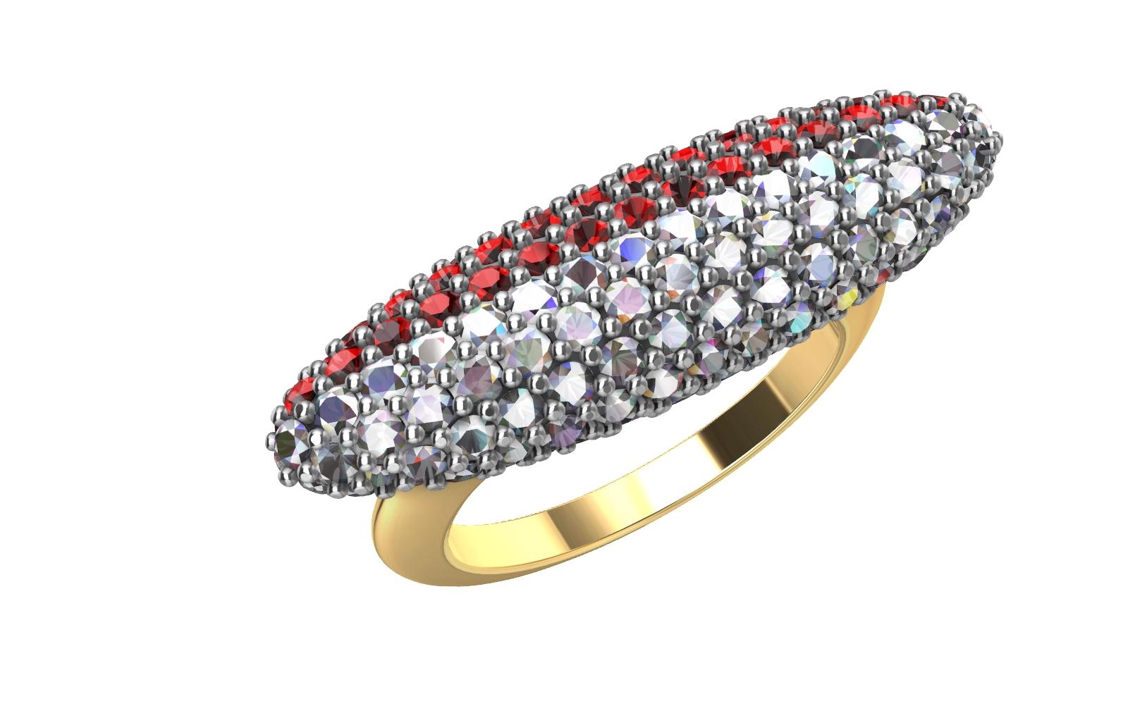 For Sale:  18 Karat Yellow Gold and Platinum Ruby and Diamonds Long Dome Ring 11