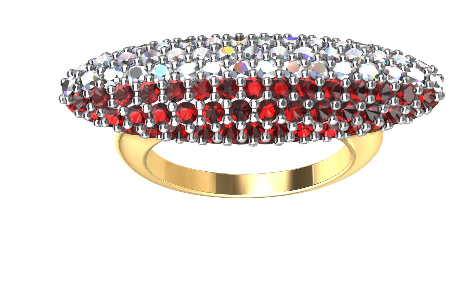 For Sale:  18 Karat Yellow Gold and Platinum Ruby and Diamonds Long Dome Ring 14