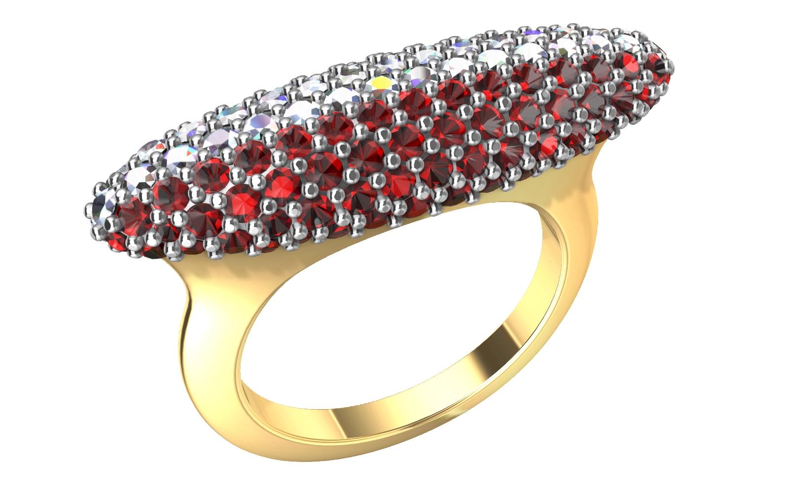 For Sale:  18 Karat Yellow Gold and Platinum Ruby and Diamonds Long Dome Ring 7