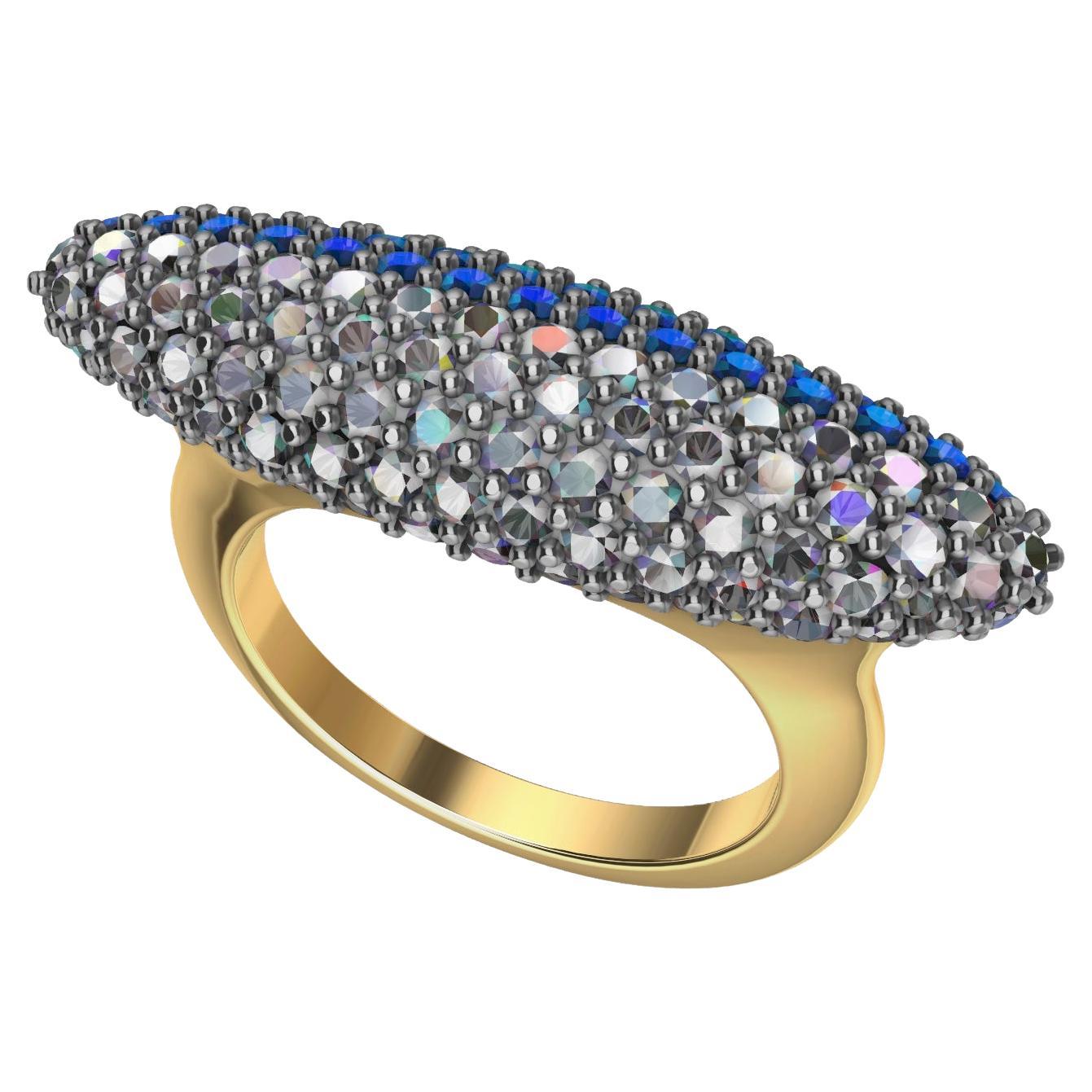 For Sale:  18 Karat Yellow Gold and Platinum Sapphire and Diamonds Long Dome Ring 2