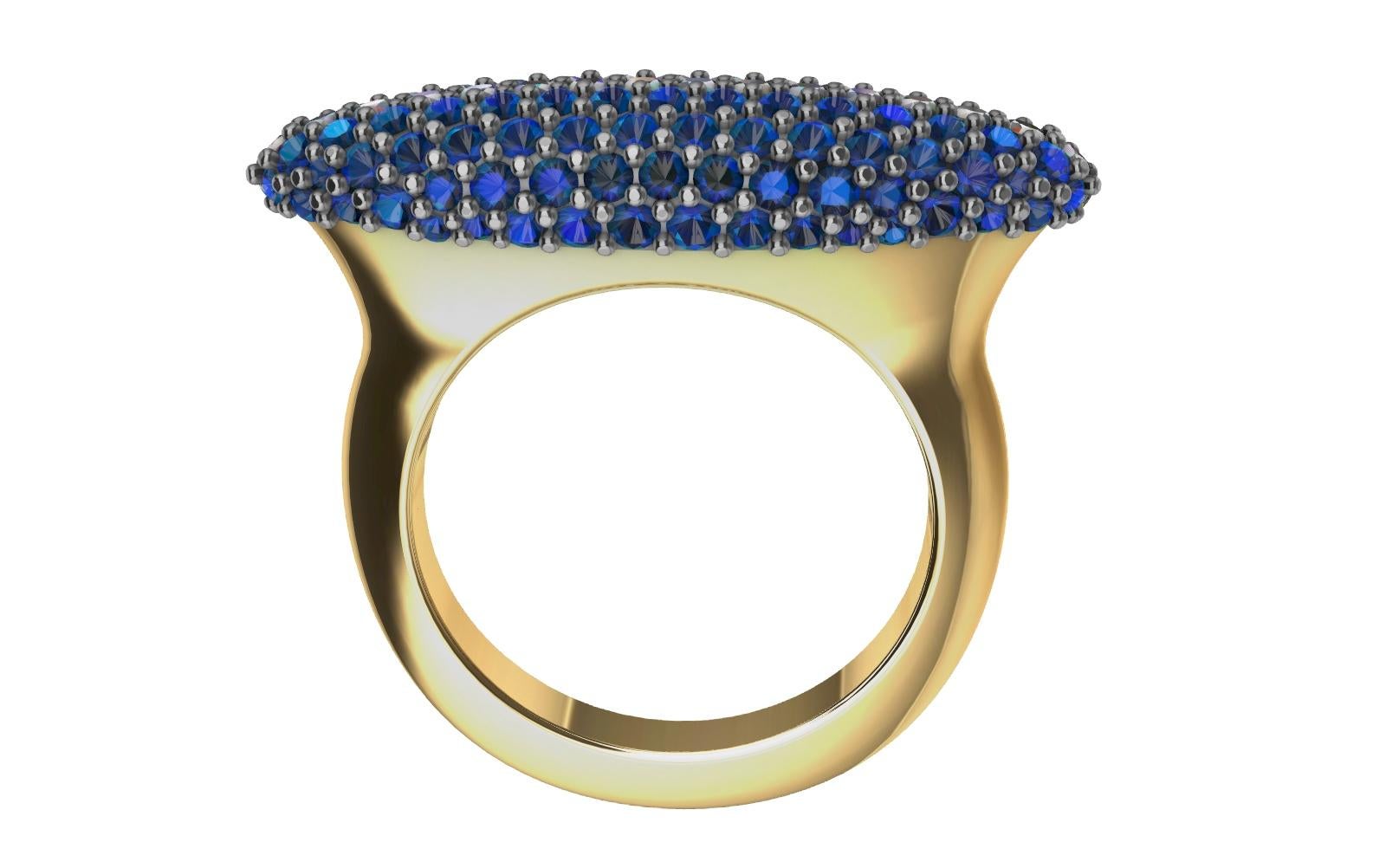 For Sale:  18 Karat Yellow Gold and Platinum Sapphire and Diamonds Long Dome Ring 6