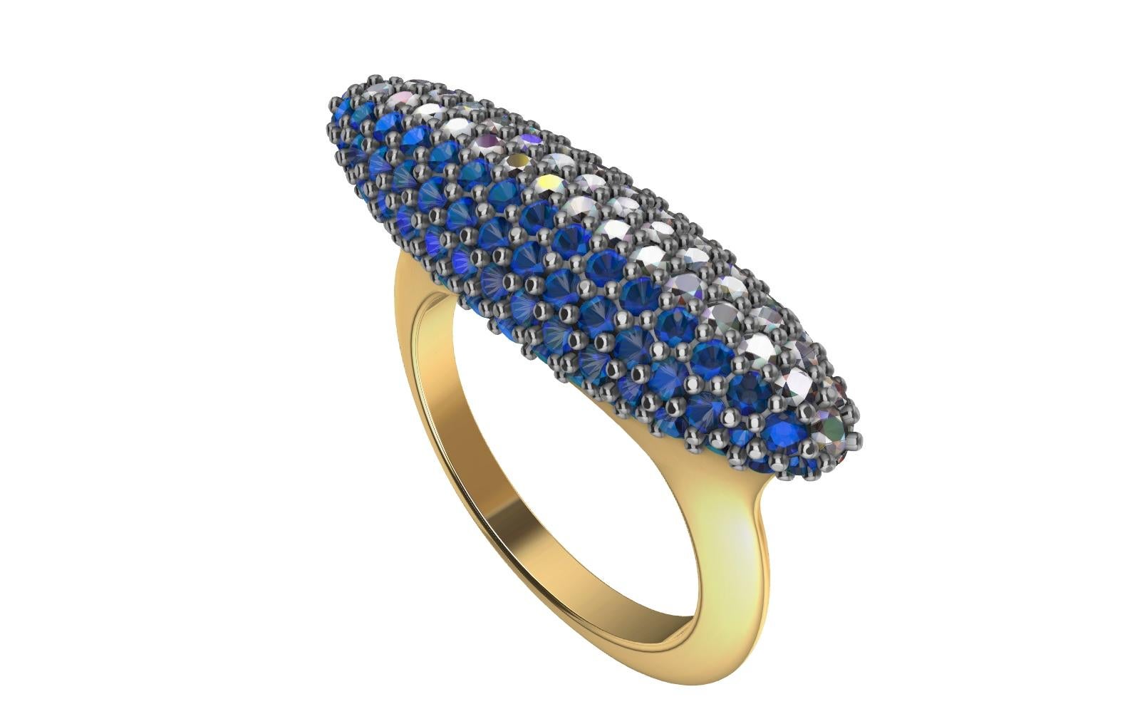 For Sale:  18 Karat Yellow Gold and Platinum Sapphire and Diamonds Long Dome Ring 8