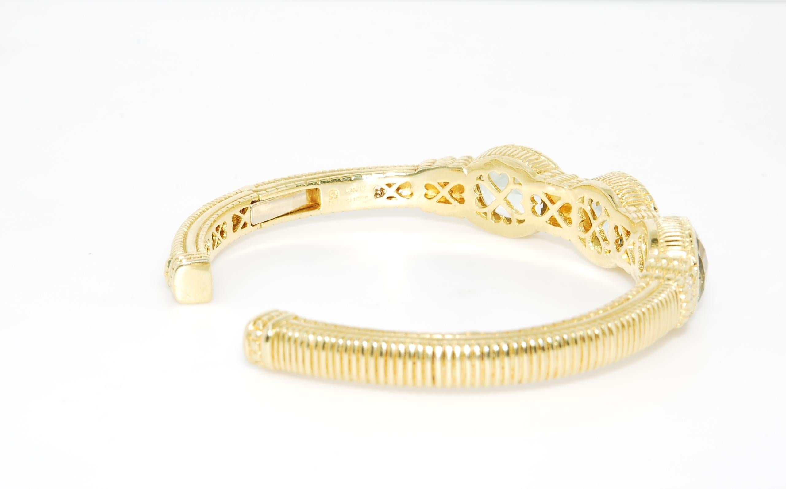 Oval Cut 18 Karat Yellow Gold and Prasiolite Judith Ripka Hinged Cuff Bracelet For Sale